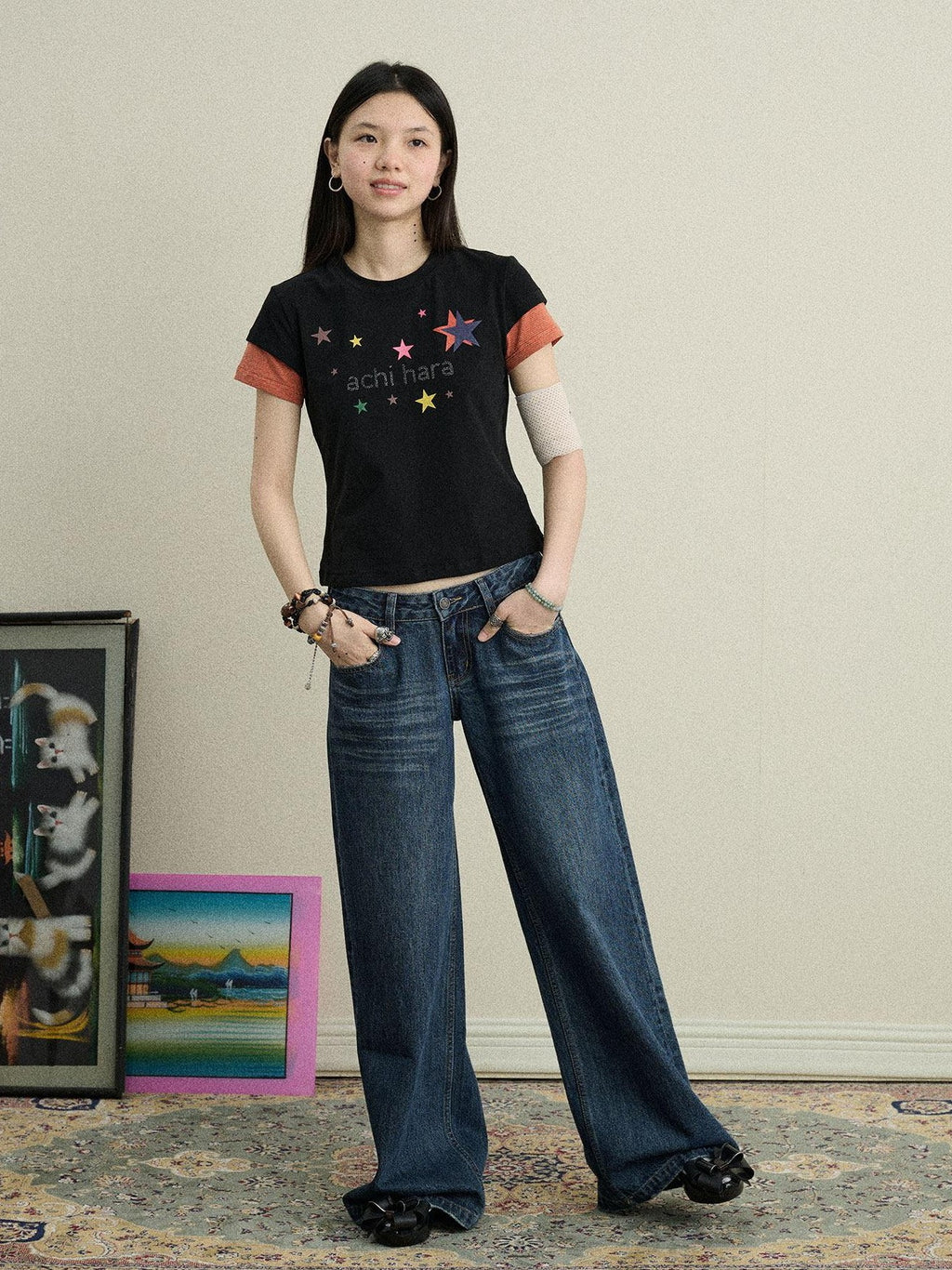 Achihara Layered Creative Print Slim Fit Women'S Cotton Blend Short Sleeve T-Shirts