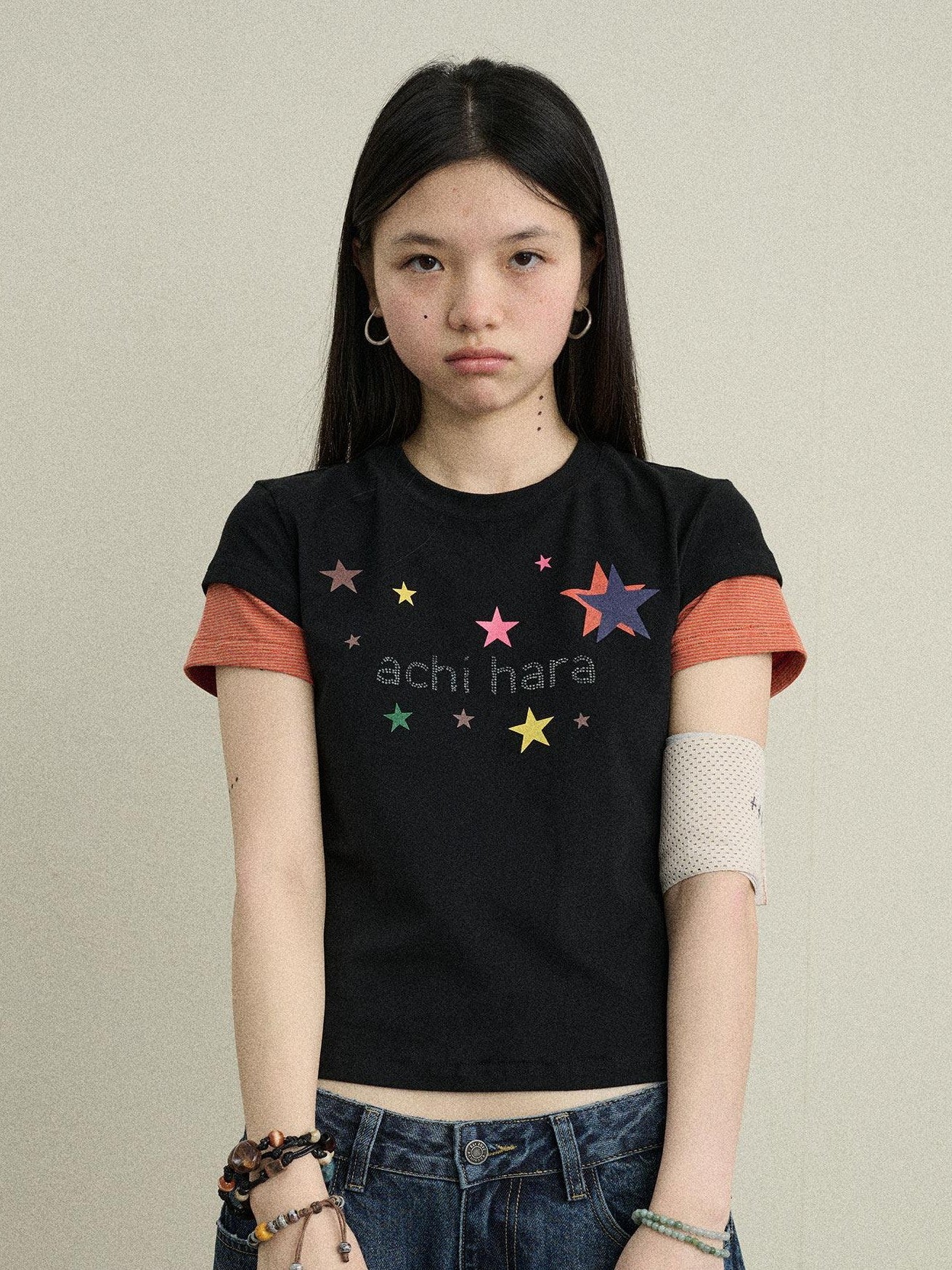 Achihara Layered Creative Print Slim Fit Women'S Cotton Blend Short Sleeve T-Shirts