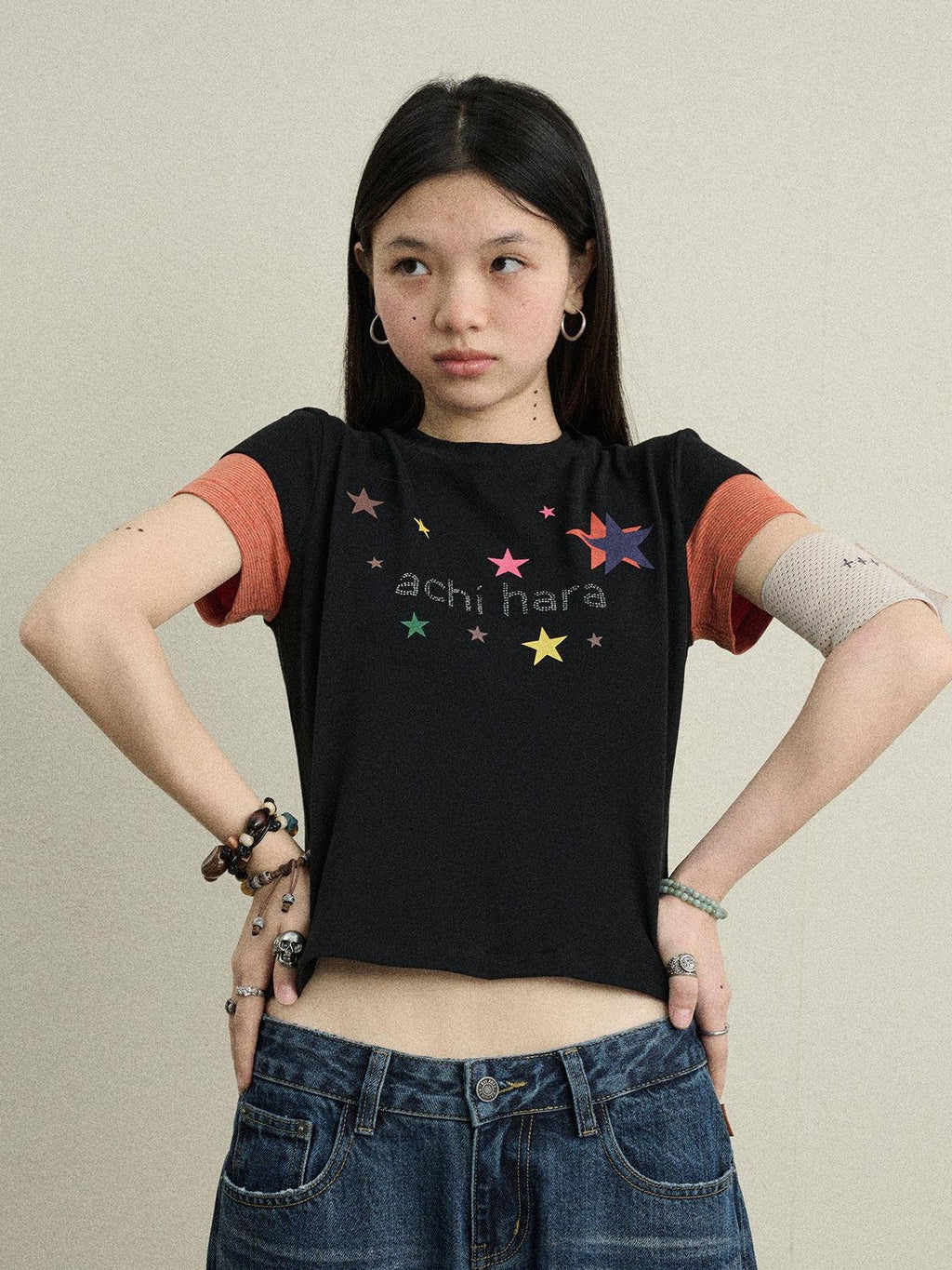 Achihara Layered Creative Print Slim Fit Women'S Cotton Blend Short Sleeve T-Shirts