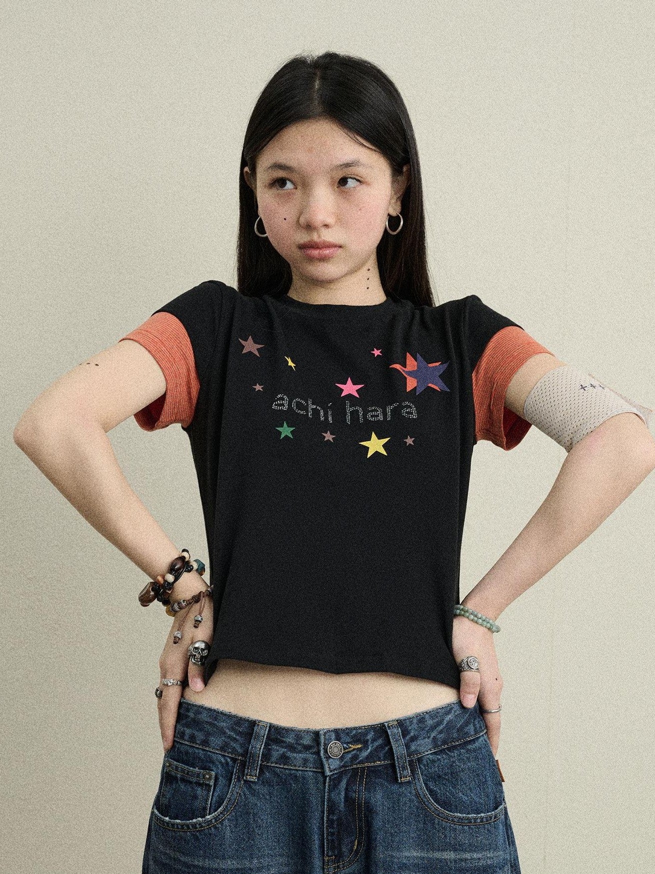 Achihara Layered Creative Print Slim Fit Women'S Cotton Blend Short Sleeve T-Shirts