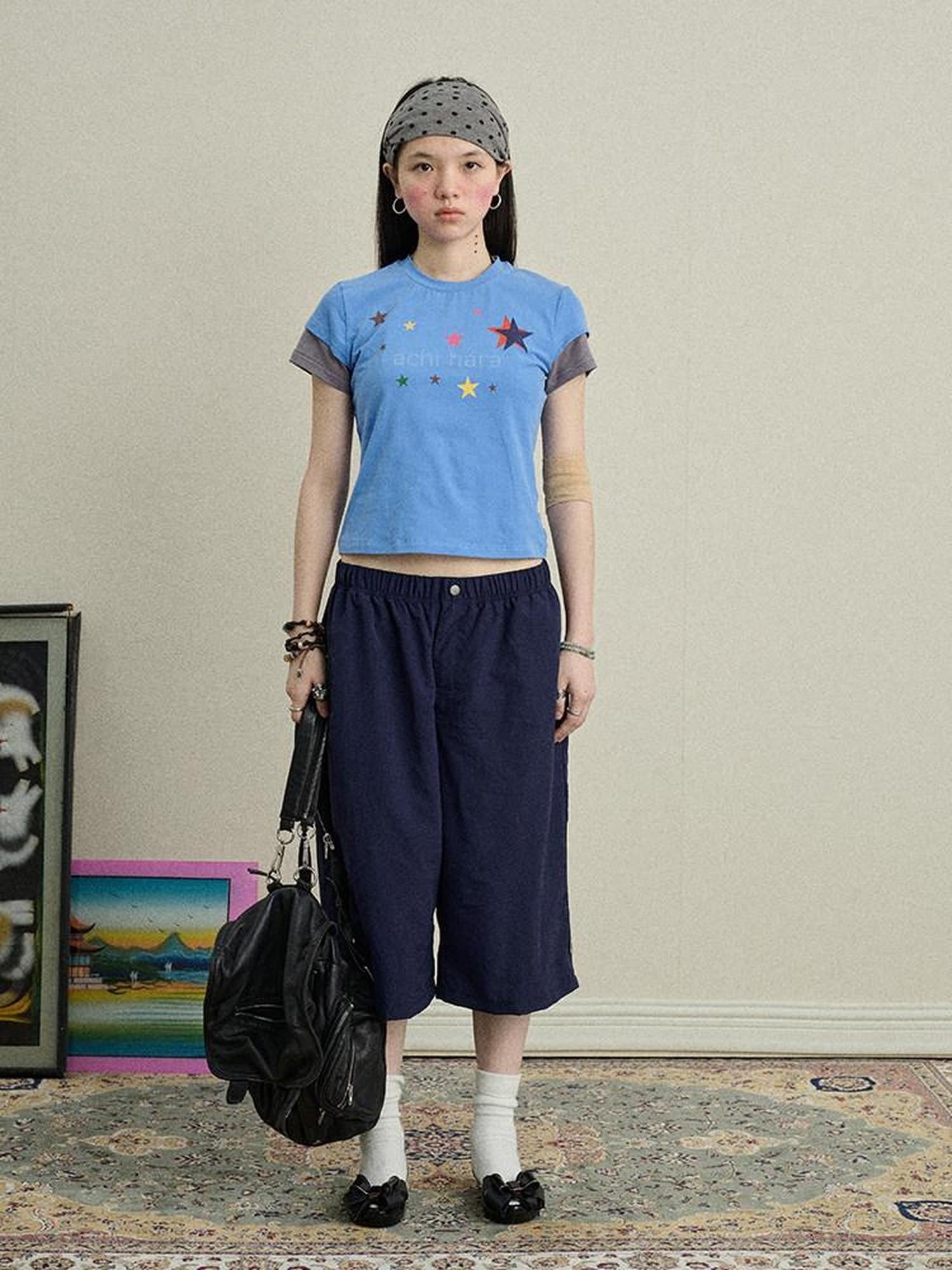 Achihara Layered Creative Print Slim Fit Women'S Cotton Blend Short Sleeve T-Shirts
