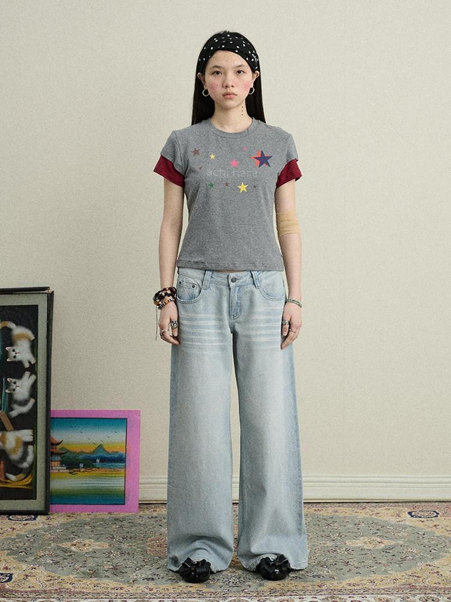 Achihara Layered Creative Print Slim Fit Women'S Cotton Blend Short Sleeve T-Shirts