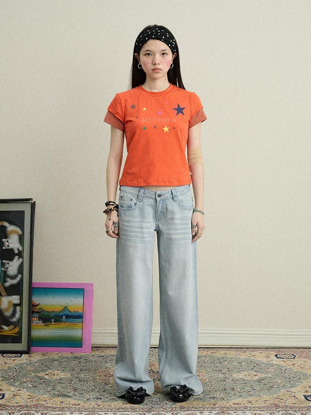 Achihara Layered Creative Print Slim Fit Women'S Cotton Blend Short Sleeve T-Shirts