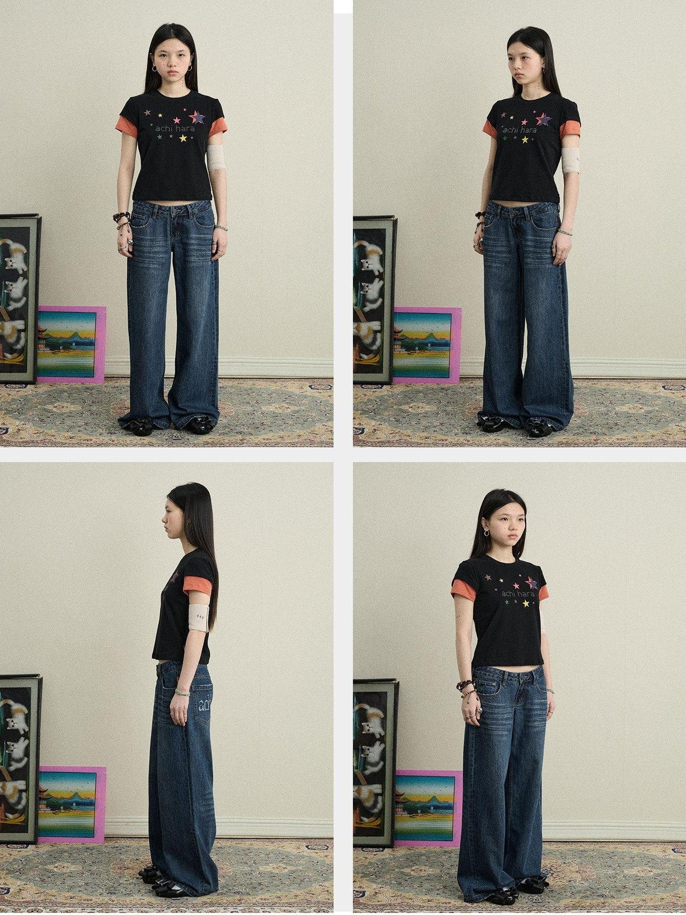 Achihara Layered Creative Print Slim Fit Women'S Cotton Blend Short Sleeve T-Shirts