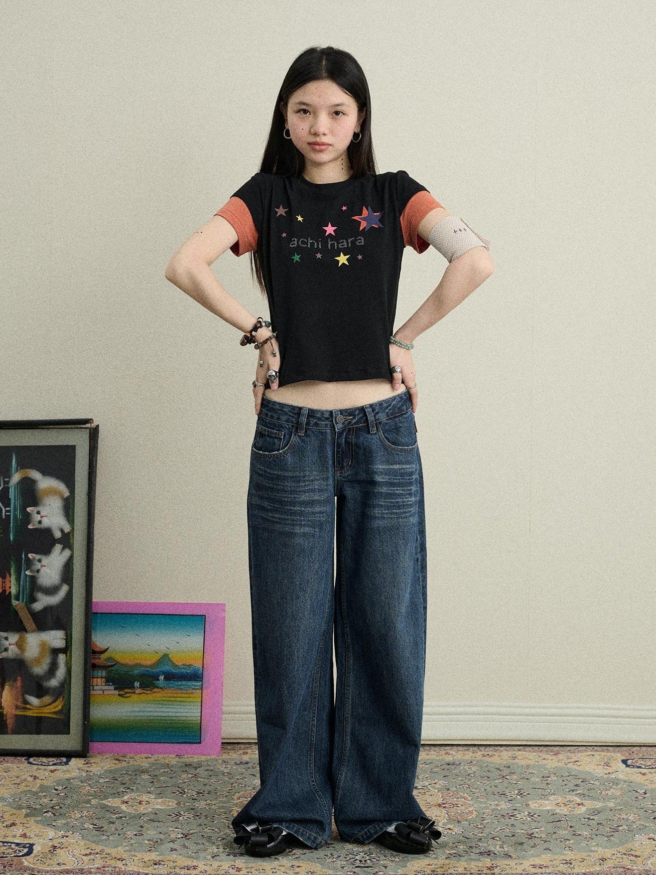 Achihara Layered Creative Print Slim Fit Women'S Cotton Blend Short Sleeve T-Shirts