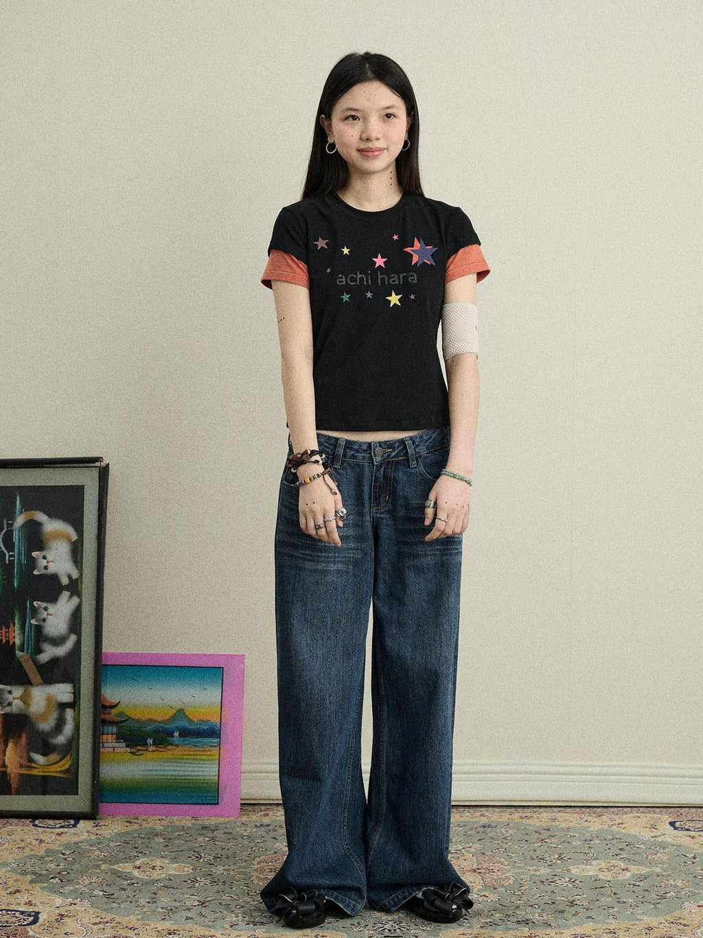 Achihara Layered Creative Print Slim Fit Women'S Cotton Blend Short Sleeve T-Shirts
