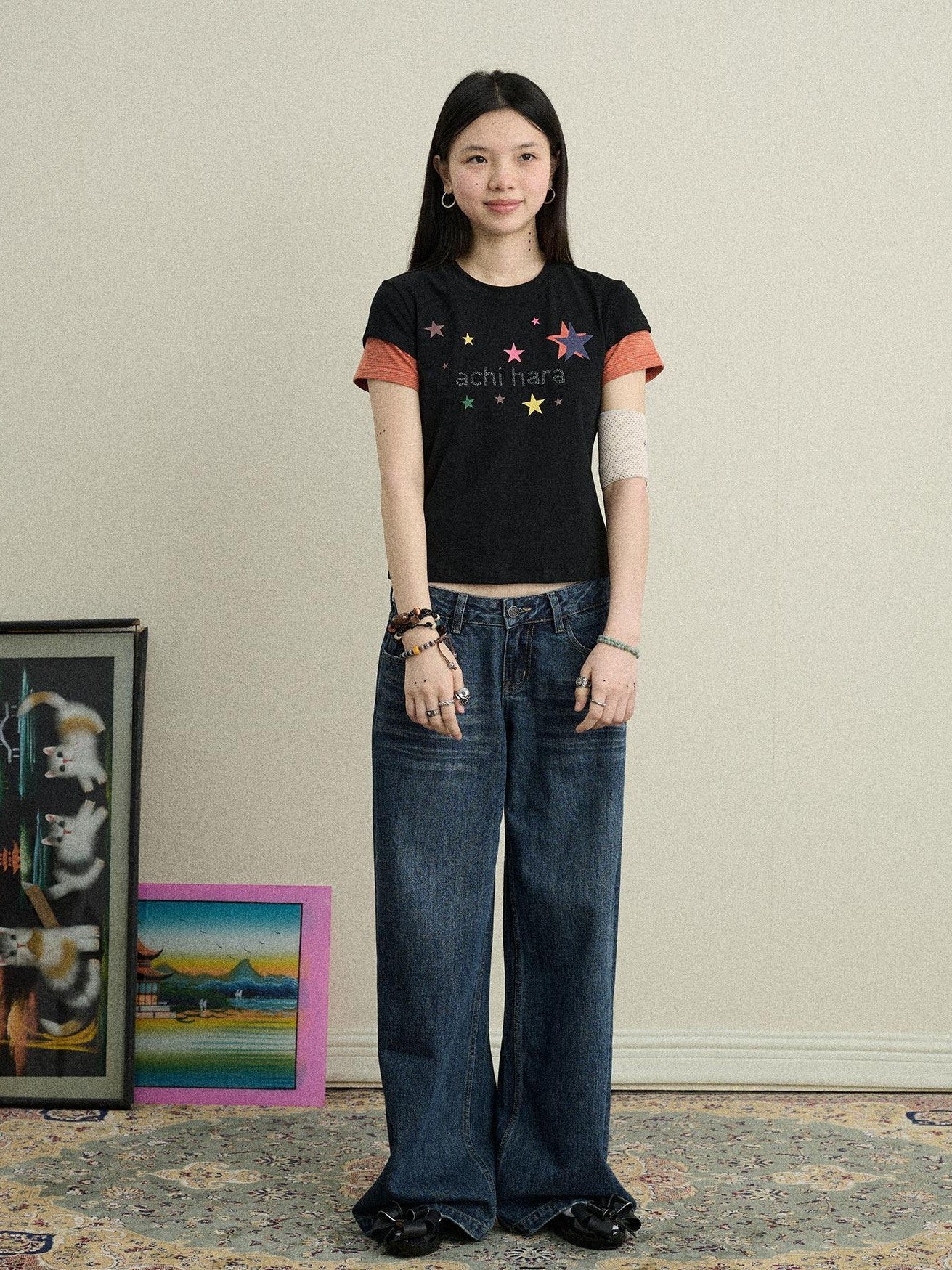 Achihara Layered Creative Print Slim Fit Women'S Cotton Blend Short Sleeve T-Shirts