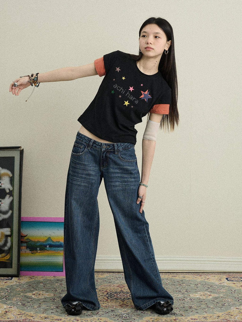 Achihara Layered Creative Print Slim Fit Women'S Cotton Blend Short Sleeve T-Shirts