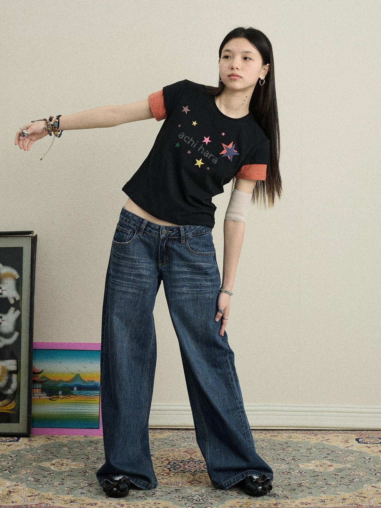 Achihara Layered Creative Print Slim Fit Women'S Cotton Blend Short Sleeve T-Shirts