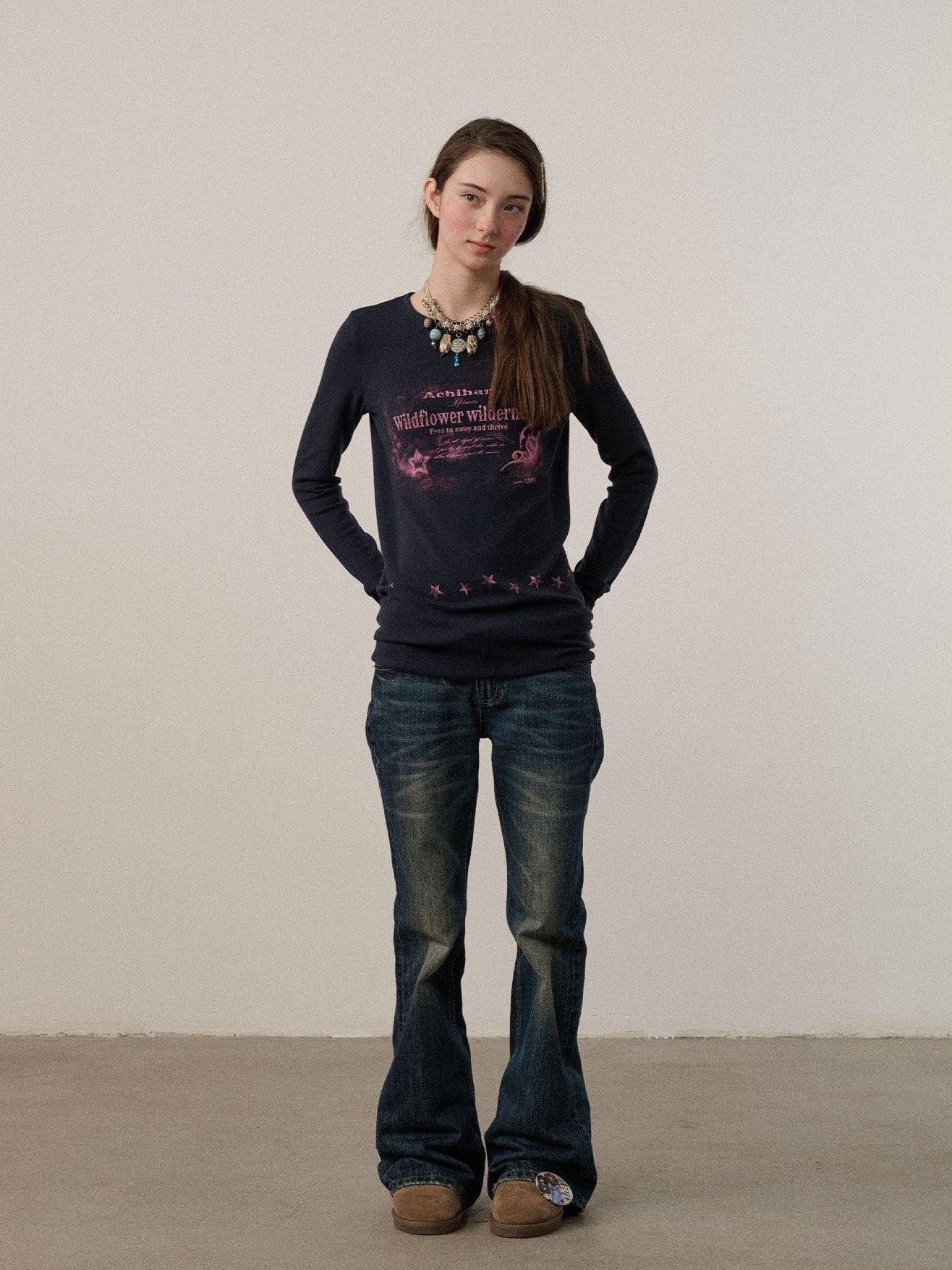 Achihara Letter Print Crew Neck Slim Fit Women'S Viscose Blend Long Sleeve T-Shirts