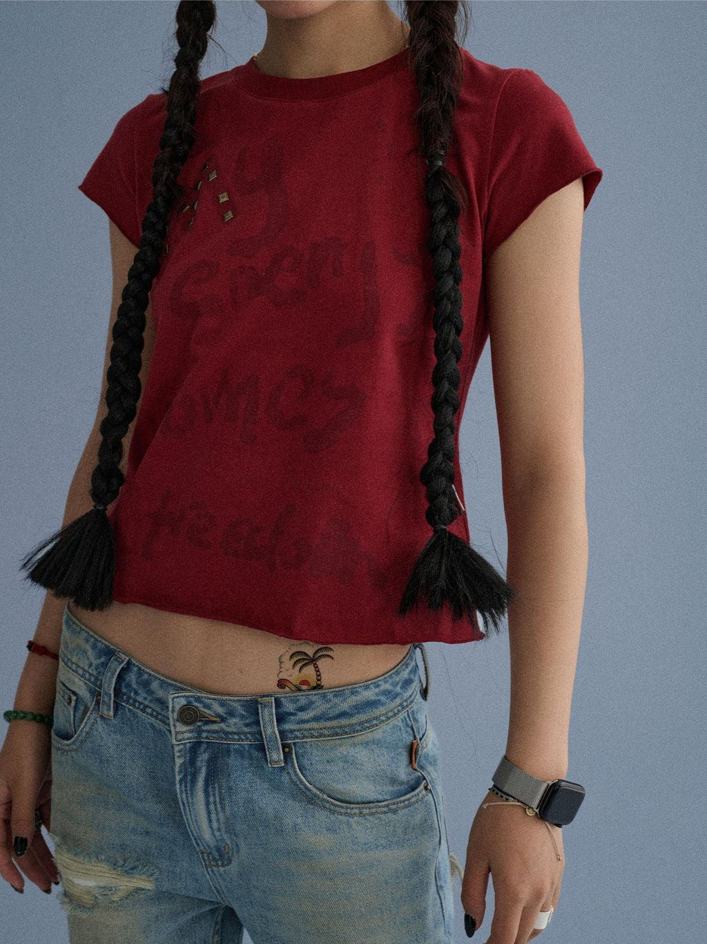 Achihara Letter Print Cropped Round Neck Women'S 100 Percent Cotton Short Sleeve T-Shirts