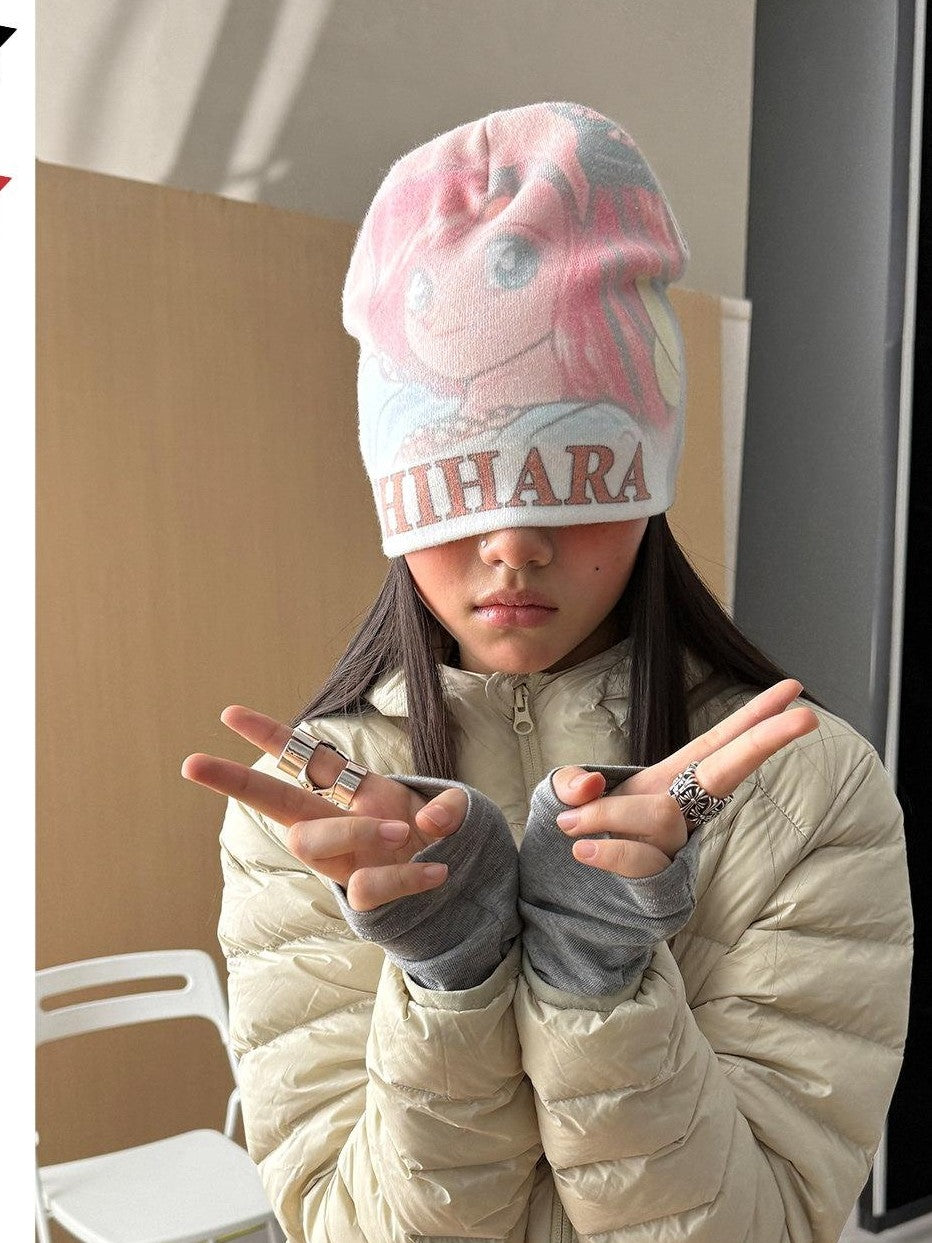 Achihara Letter Print Ear Flap Windproof Round Top Women'S Cotton Winter Hats
