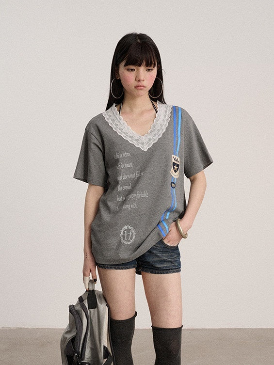 Achihara_Letter_Print_V-neck_Loose_Fit_Women'S_Cotton_Spandex_Short_Sleeve_T-Shirts_MISSTT