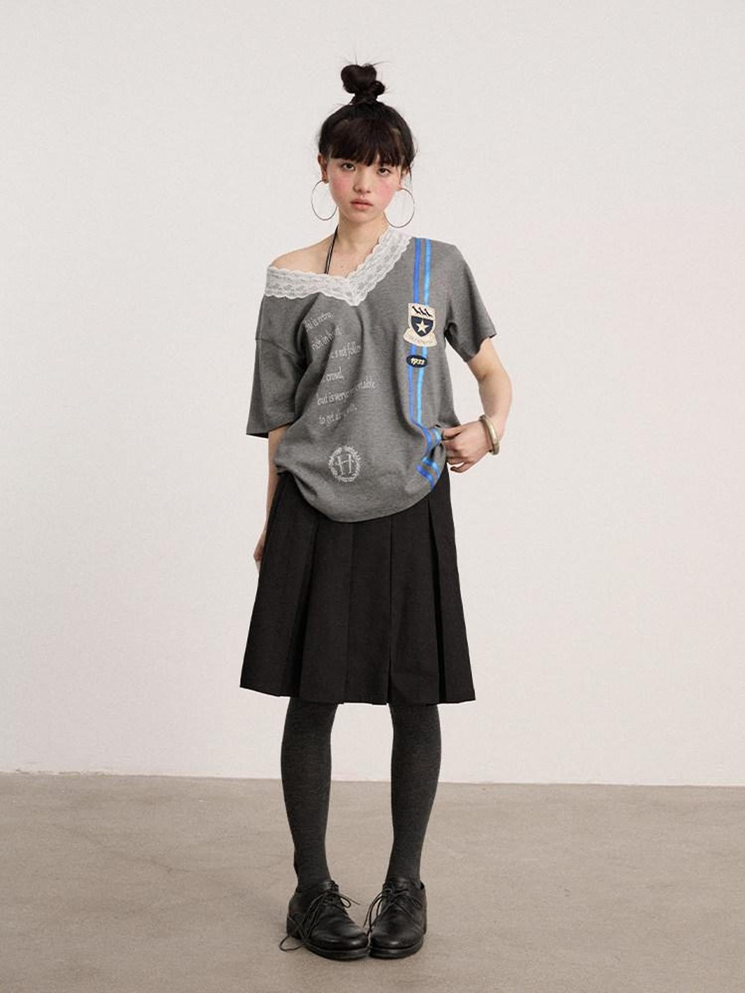 Achihara Letter Print V-neck Loose Fit Women'S Cotton Spandex Short Sleeve T-Shirts