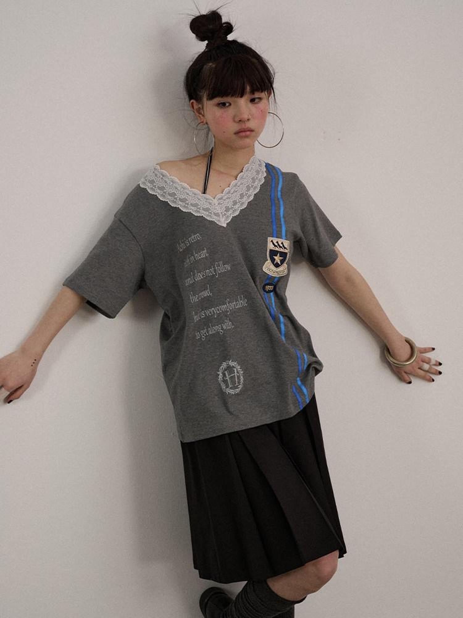 Achihara Letter Print V-neck Loose Fit Women'S Cotton Spandex Short Sleeve T-Shirts