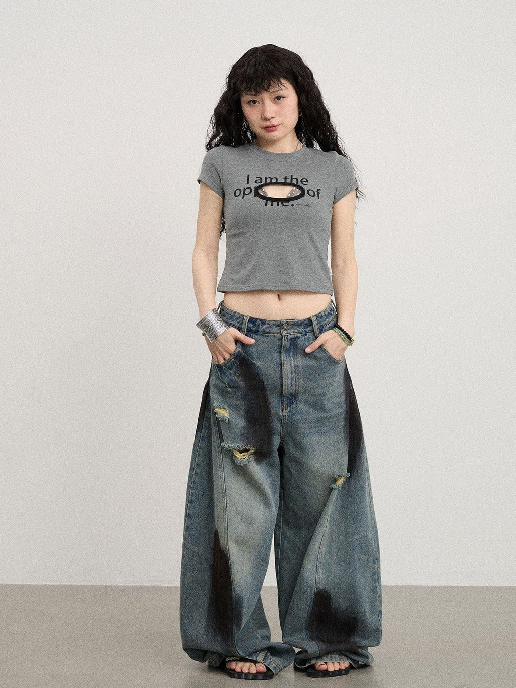Achihara Lettering Cutout Slim Crop Crewneck Women'S Cotton Blend Short Sleeve T-Shirts
