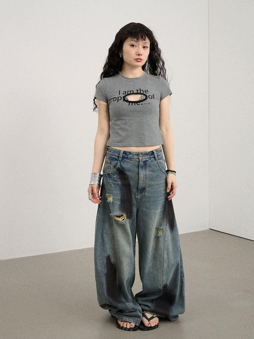 Achihara Lettering Cutout Slim Crop Crewneck Women'S Cotton Blend Short Sleeve T-Shirts