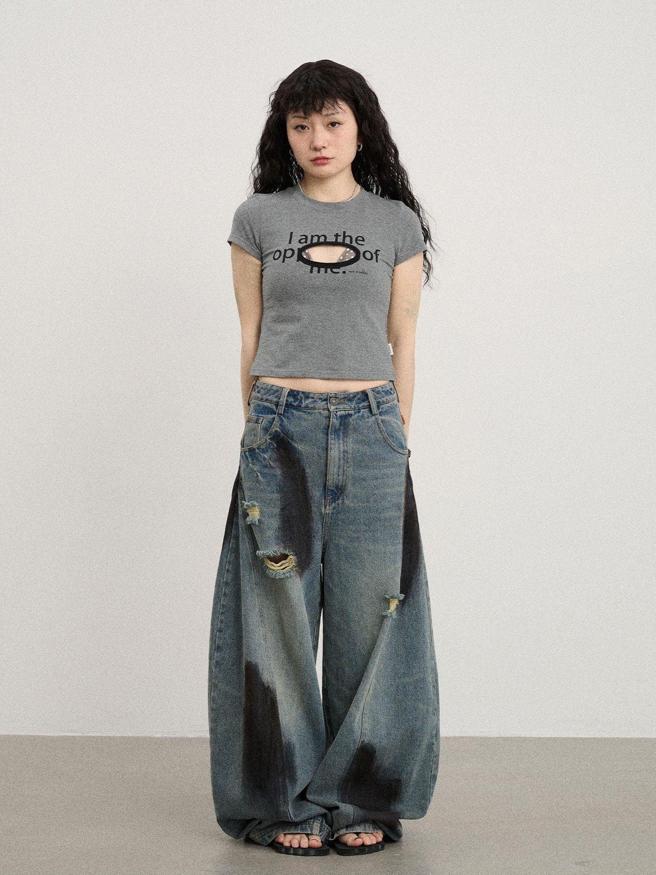 Achihara Lettering Cutout Slim Crop Crewneck Women'S Cotton Blend Short Sleeve T-Shirts