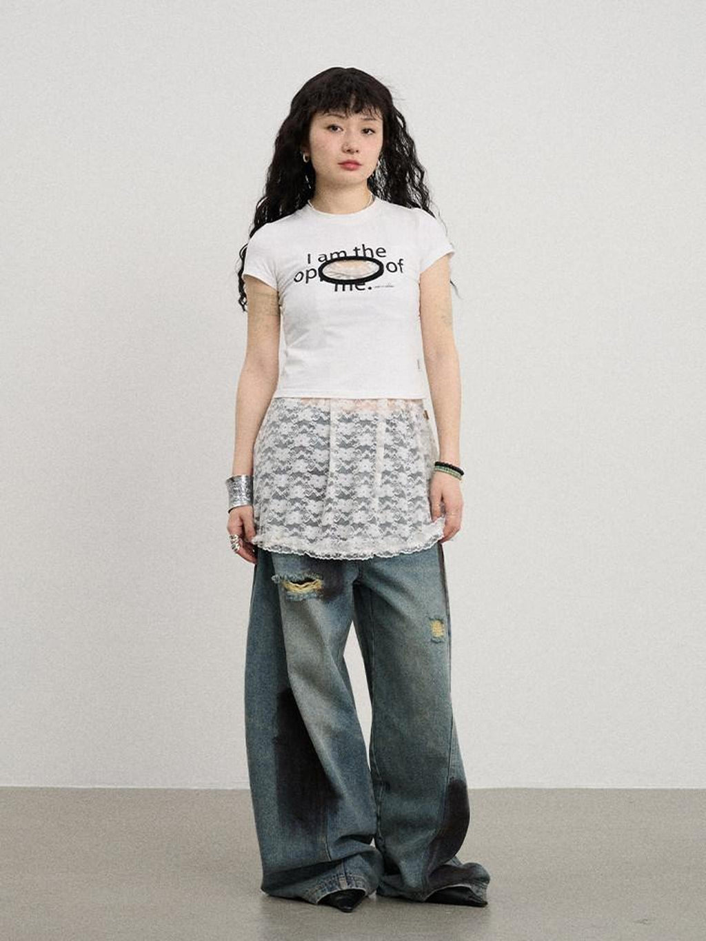 Achihara Lettering Cutout Slim Crop Crewneck Women'S Cotton Blend Short Sleeve T-Shirts