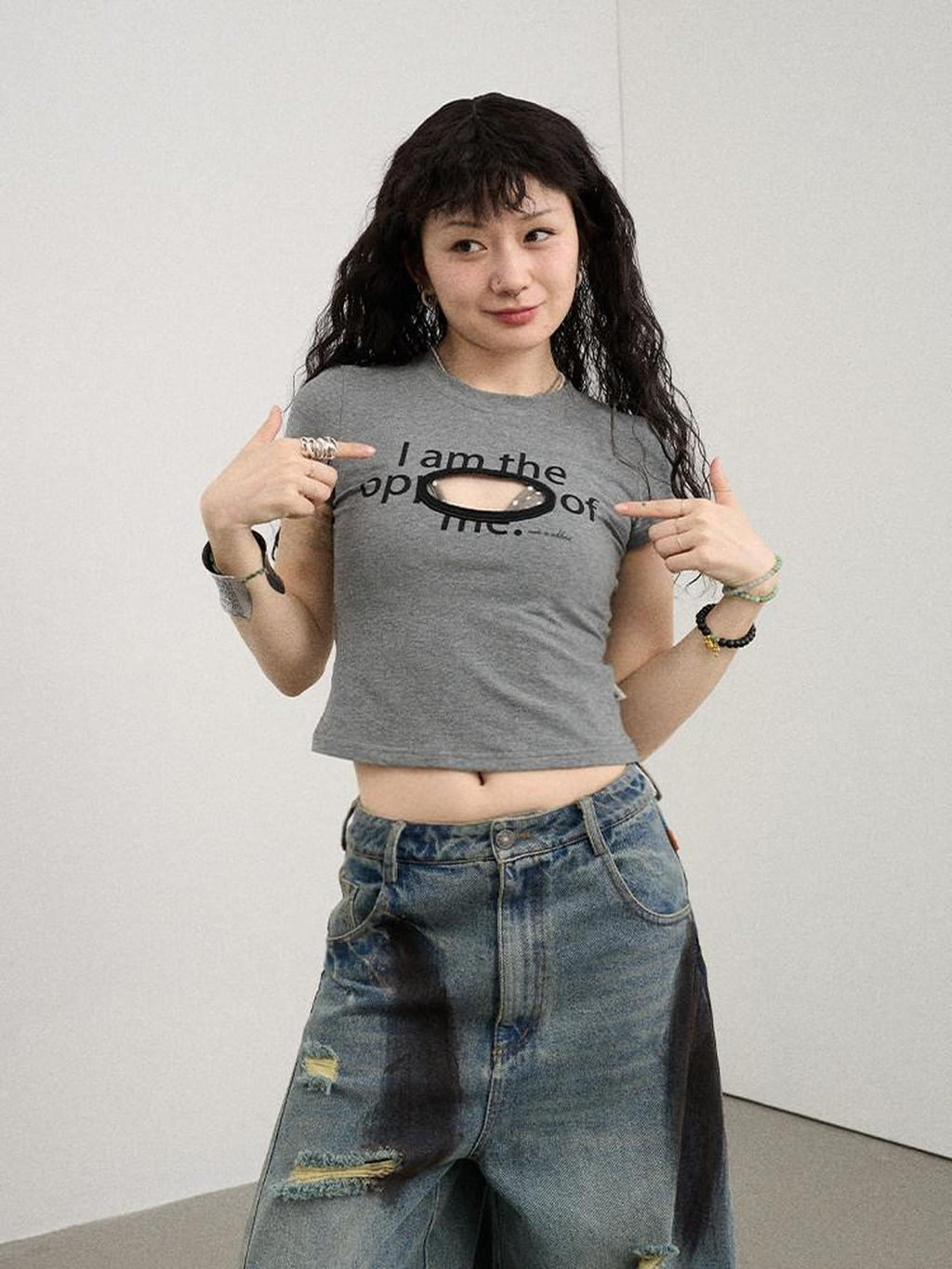 Achihara Lettering Cutout Slim Crop Crewneck Women'S Cotton Blend Short Sleeve T-Shirts