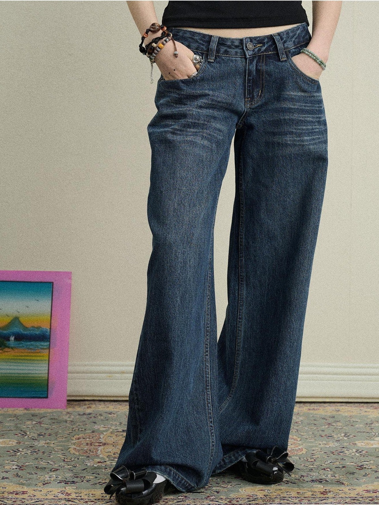 Achihara Light Blue Distressed High Waist Zipper Women'S Denim Wide-Leg Jeans