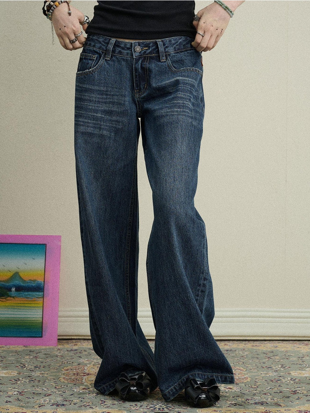 Achihara Light Blue Distressed High Waist Zipper Women'S Denim Wide-Leg Jeans