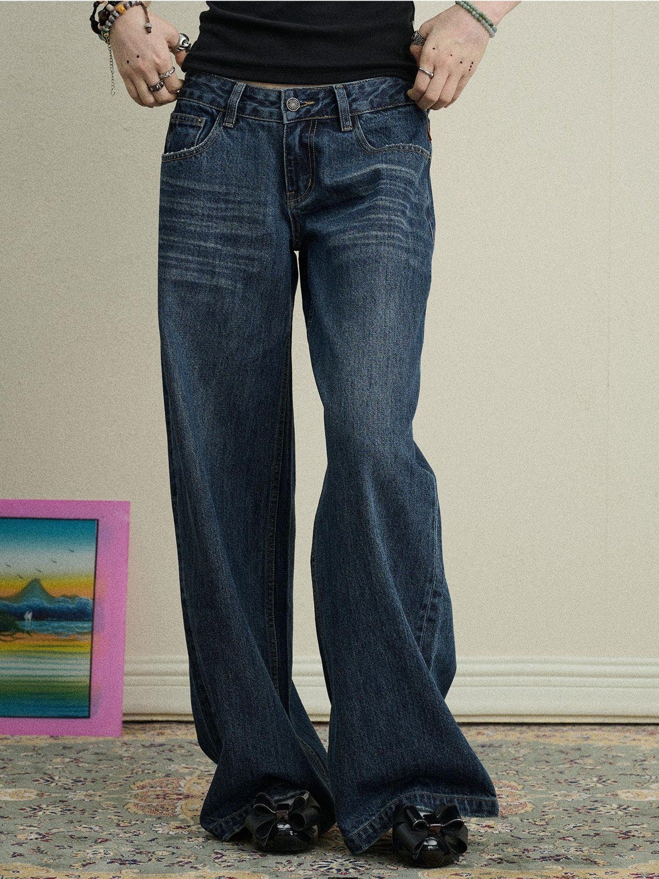 Achihara Light Blue Distressed High Waist Zipper Women'S Denim Wide-Leg Jeans