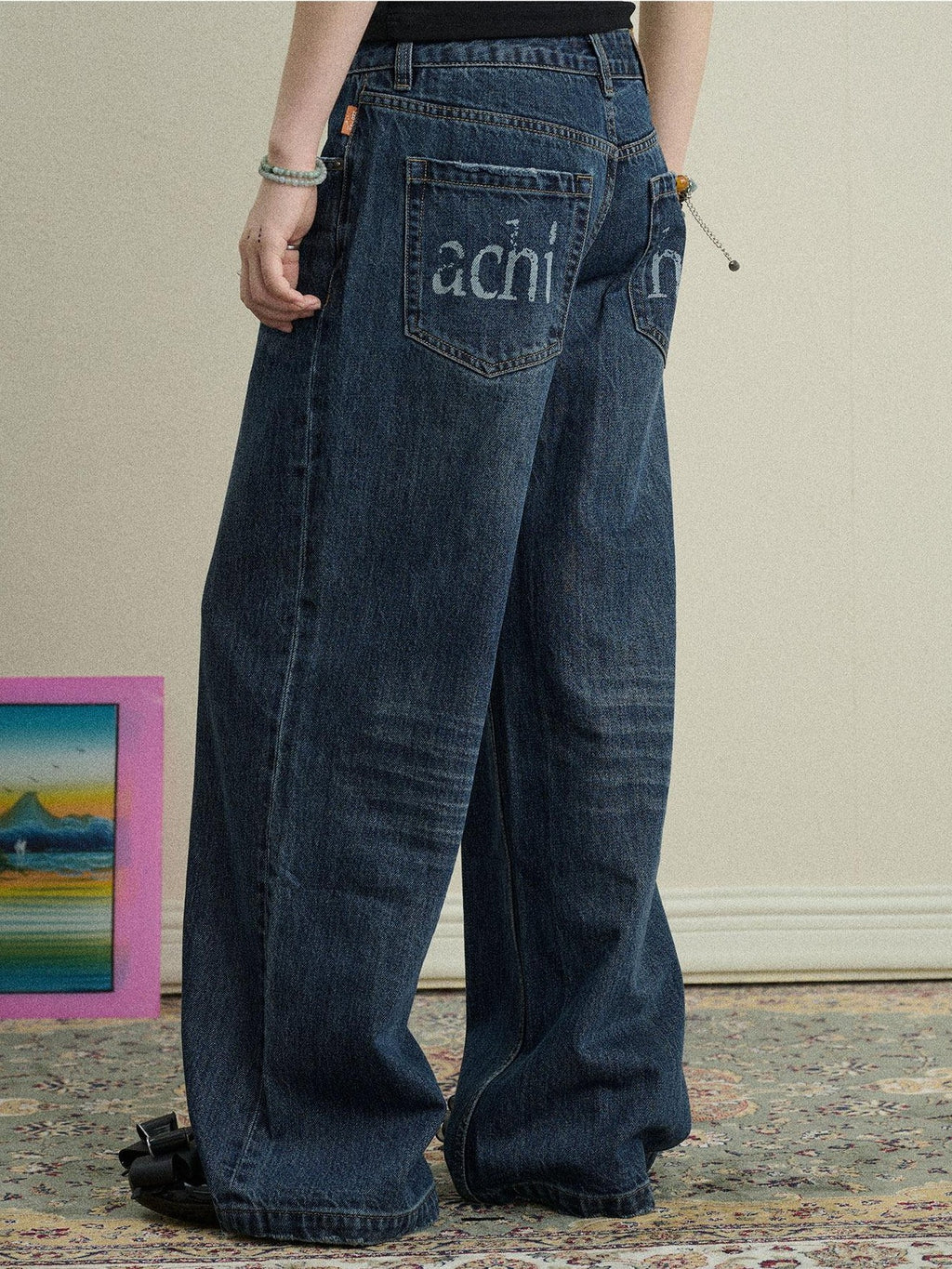 Achihara Light Blue Distressed High Waist Zipper Women'S Denim Wide-Leg Jeans