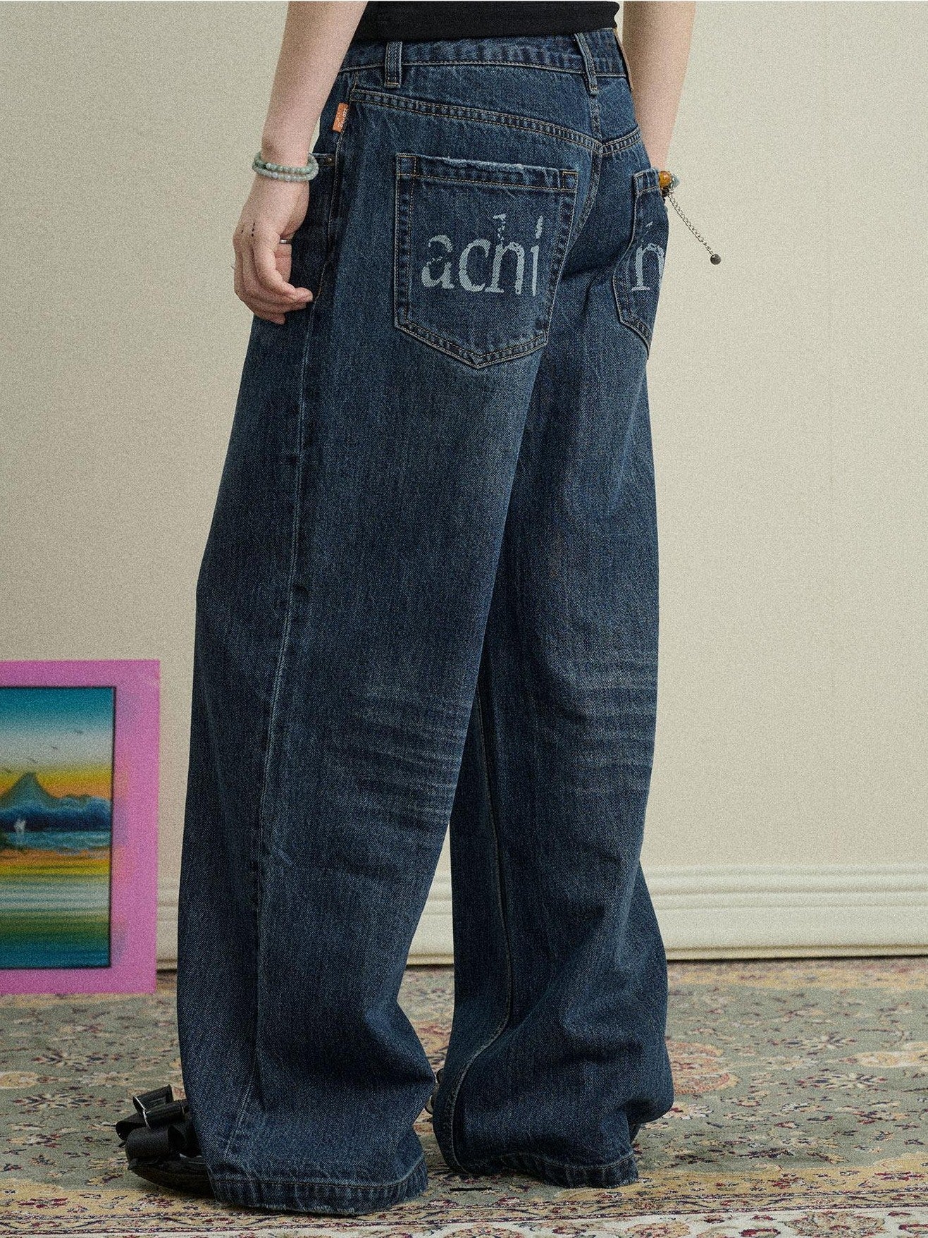Achihara Light Blue Distressed High Waist Zipper Women'S Denim Wide-Leg Jeans