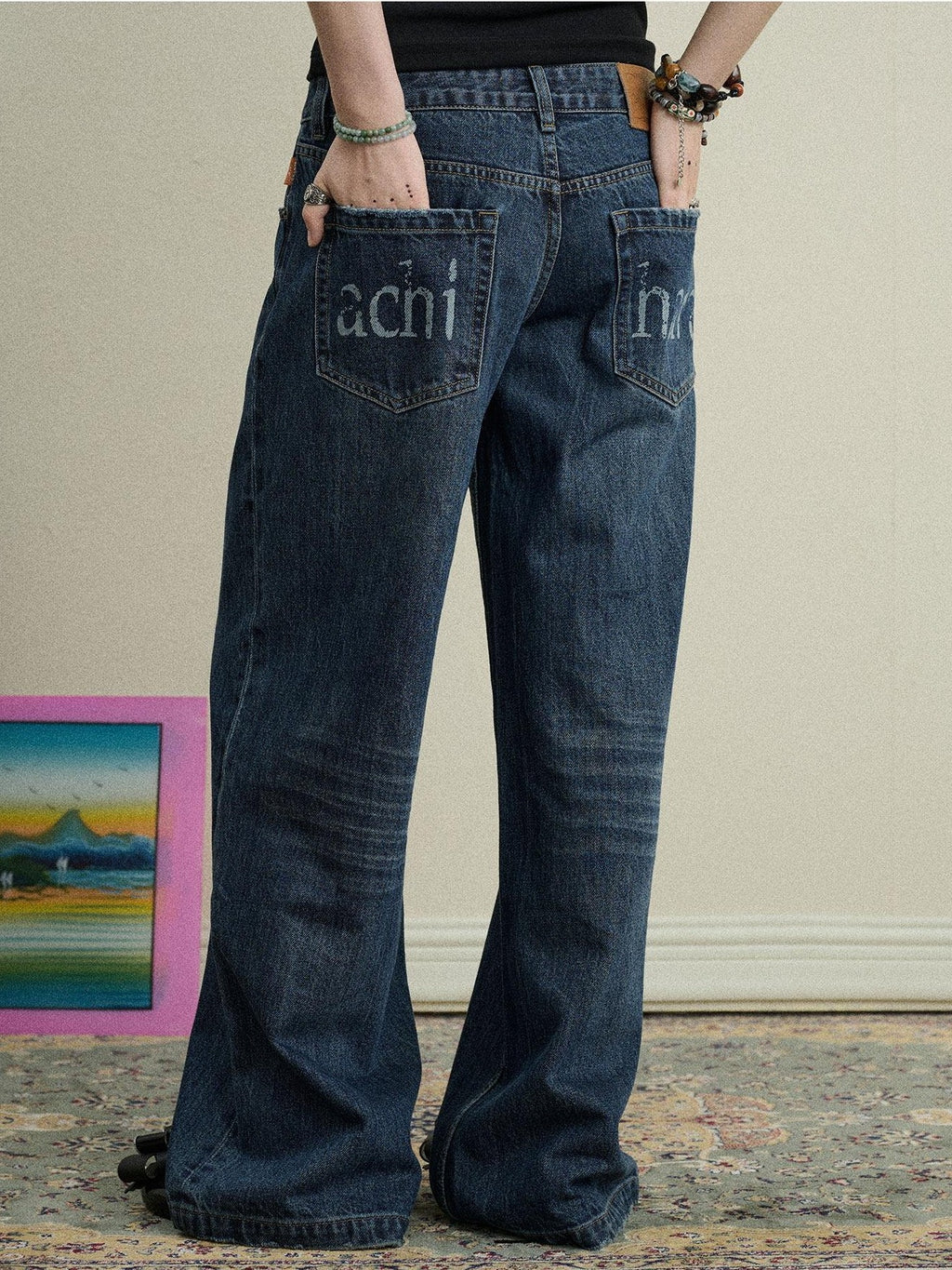 Achihara Light Blue Distressed High Waist Zipper Women'S Denim Wide-Leg Jeans