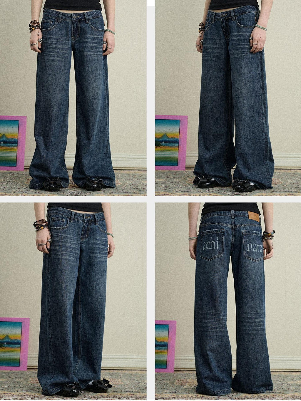 Achihara Light Blue Distressed High Waist Zipper Women'S Denim Wide-Leg Jeans