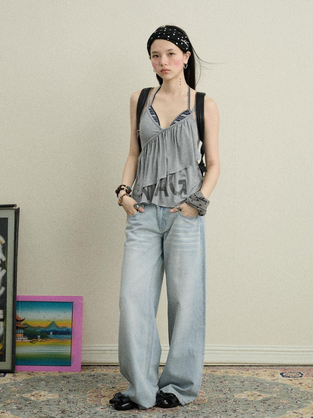 Achihara Light Blue Distressed High Waist Zipper Women'S Denim Wide-Leg Jeans