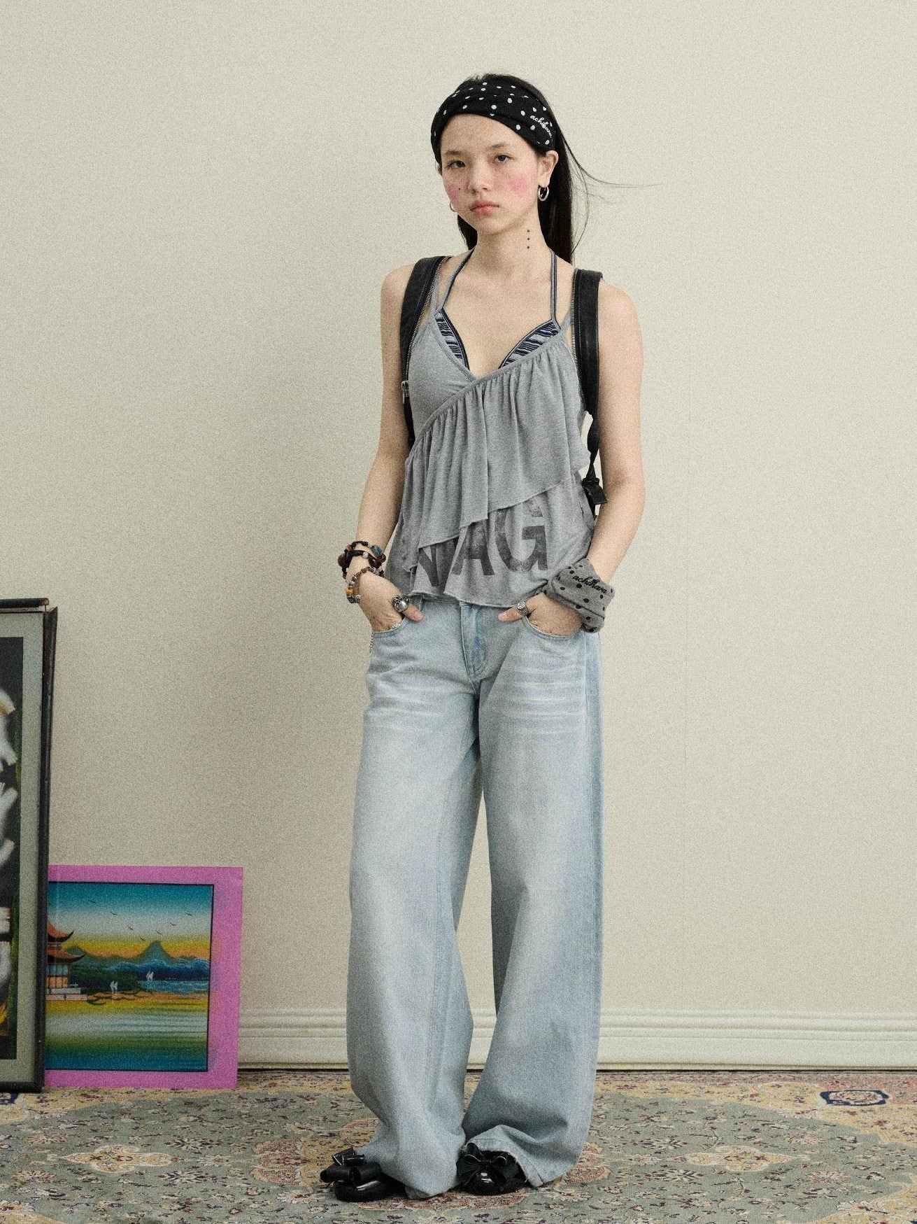 Achihara Light Blue Distressed High Waist Zipper Women'S Denim Wide-Leg Jeans