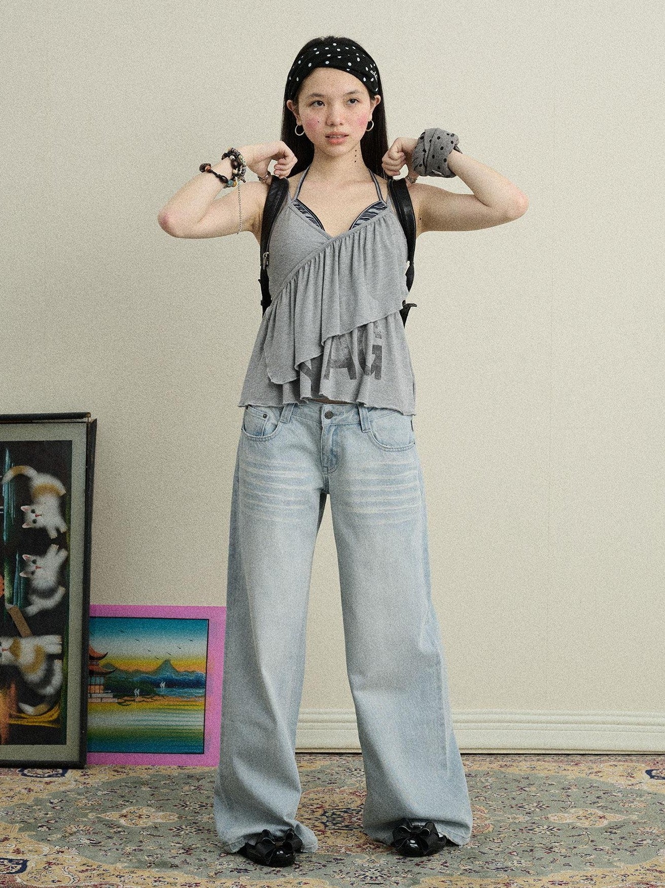Achihara Light Blue Distressed High Waist Zipper Women'S Denim Wide-Leg Jeans