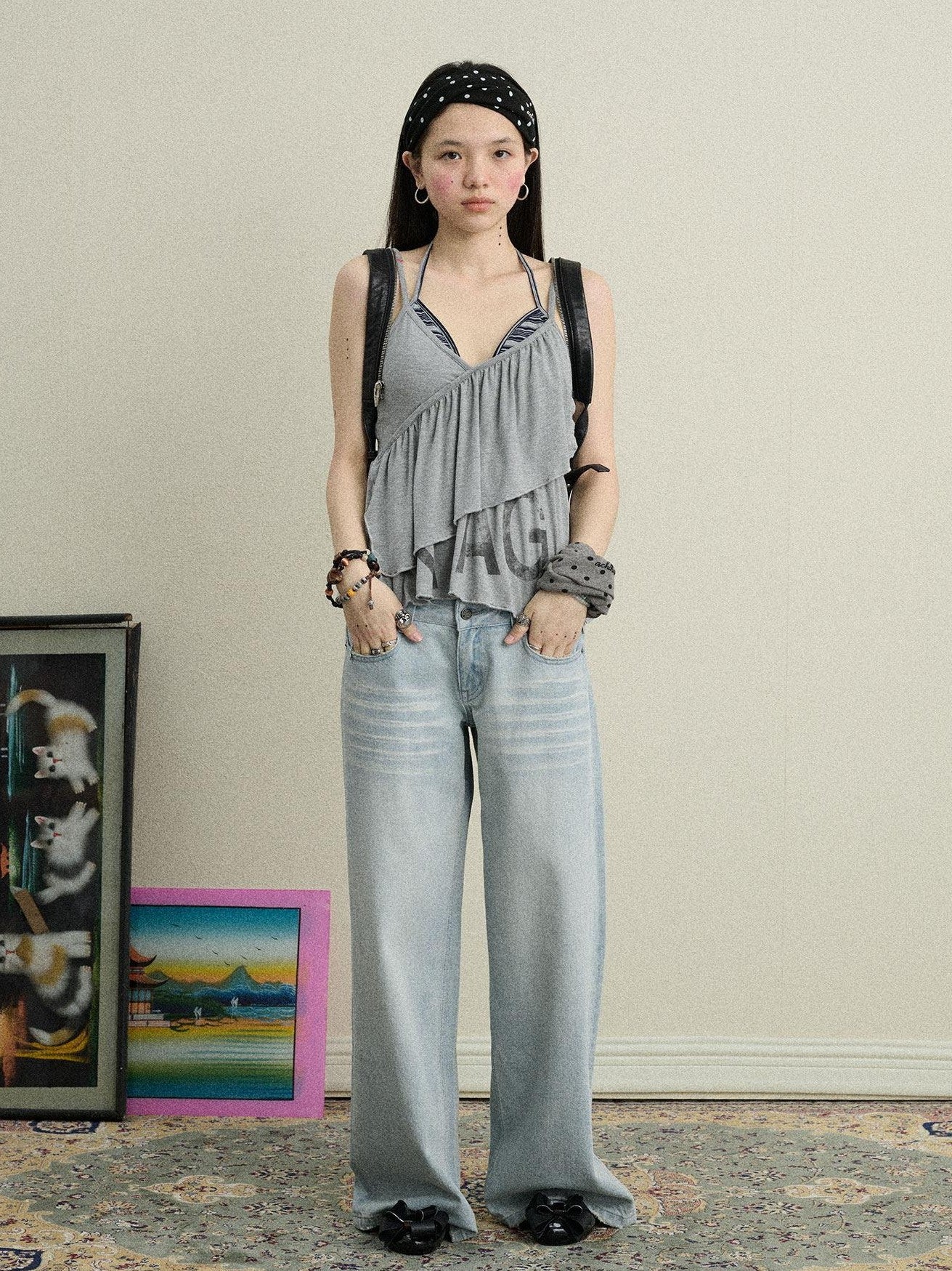 Achihara Light Blue Distressed High Waist Zipper Women'S Denim Wide-Leg Jeans