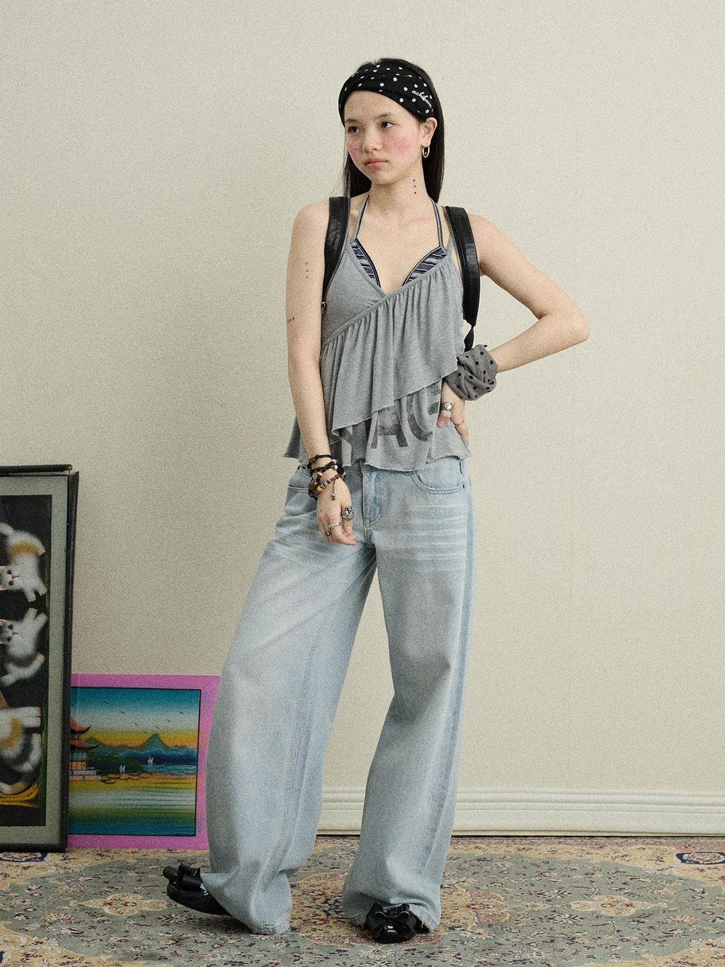 Achihara Light Blue Distressed High Waist Zipper Women'S Denim Wide-Leg Jeans