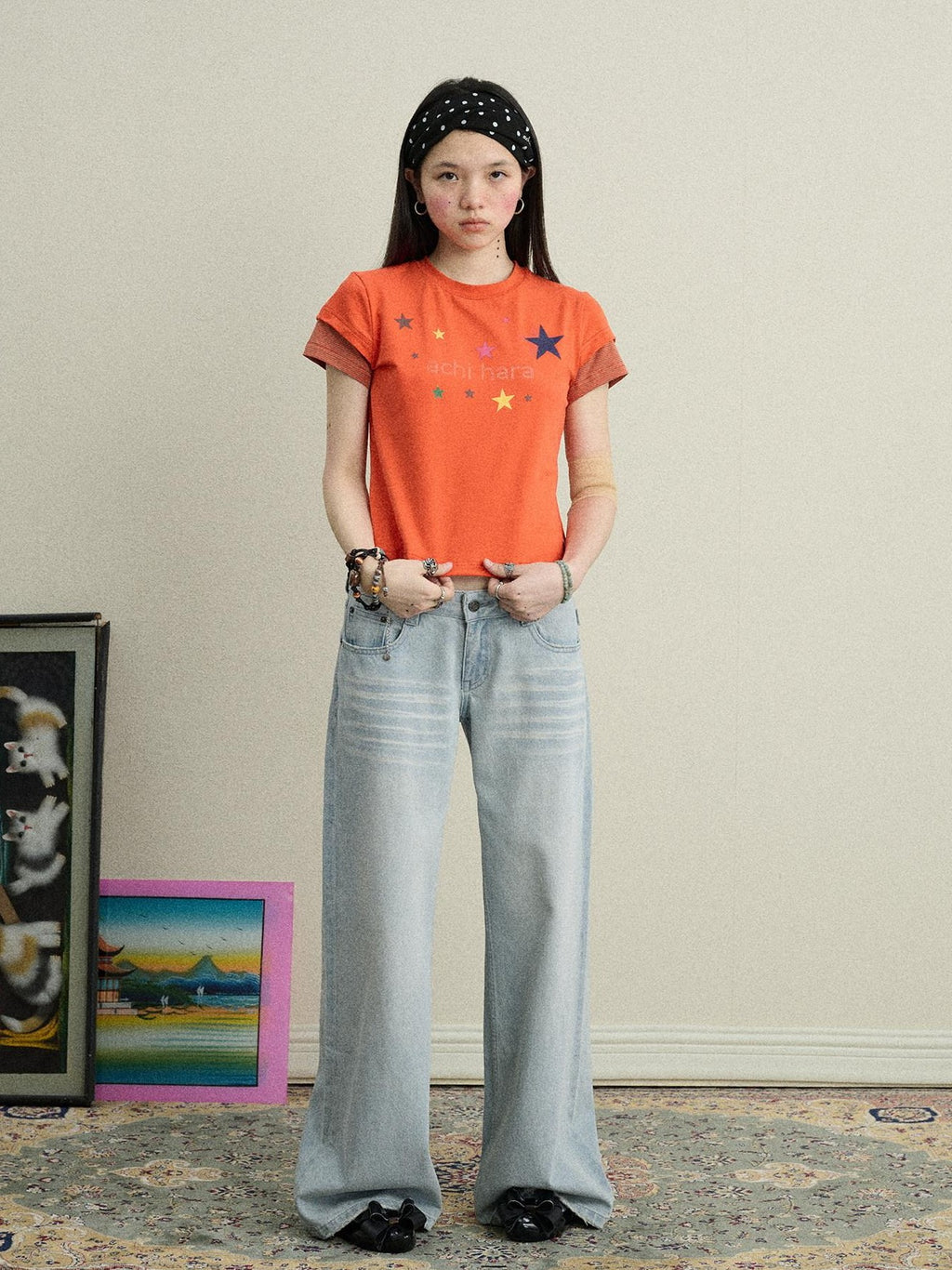 Achihara Light Blue Distressed High Waist Zipper Women'S Denim Wide-Leg Jeans
