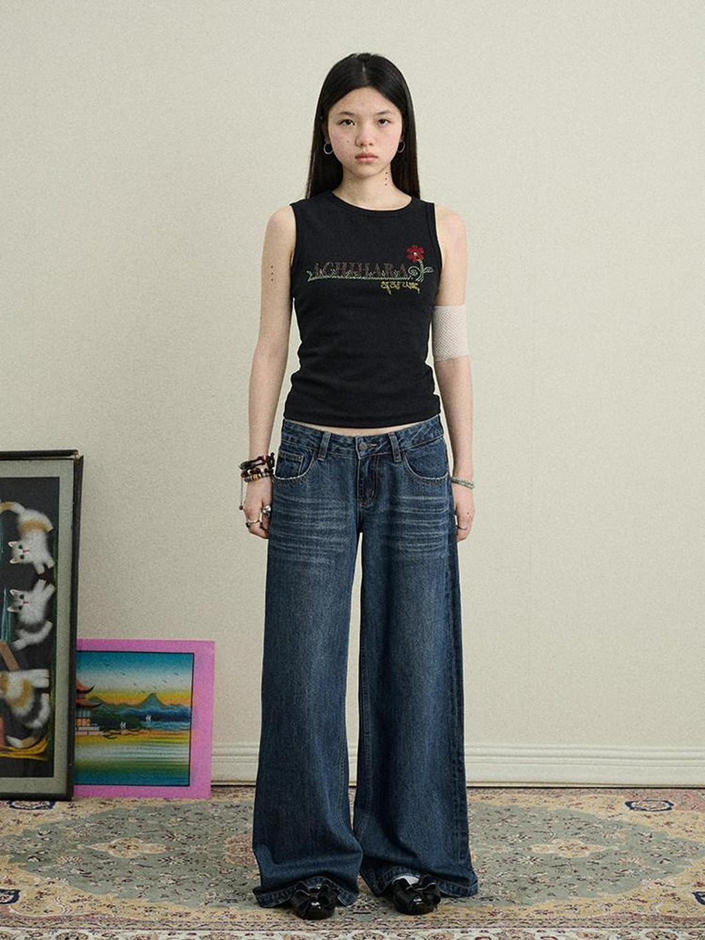 Achihara Light Blue Distressed High Waist Zipper Women'S Denim Wide-Leg Jeans