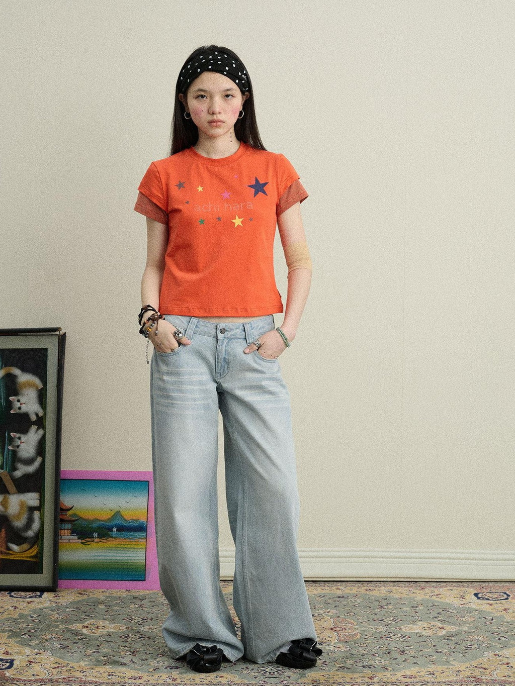 Achihara Light Blue Distressed High Waist Zipper Women'S Denim Wide-Leg Jeans