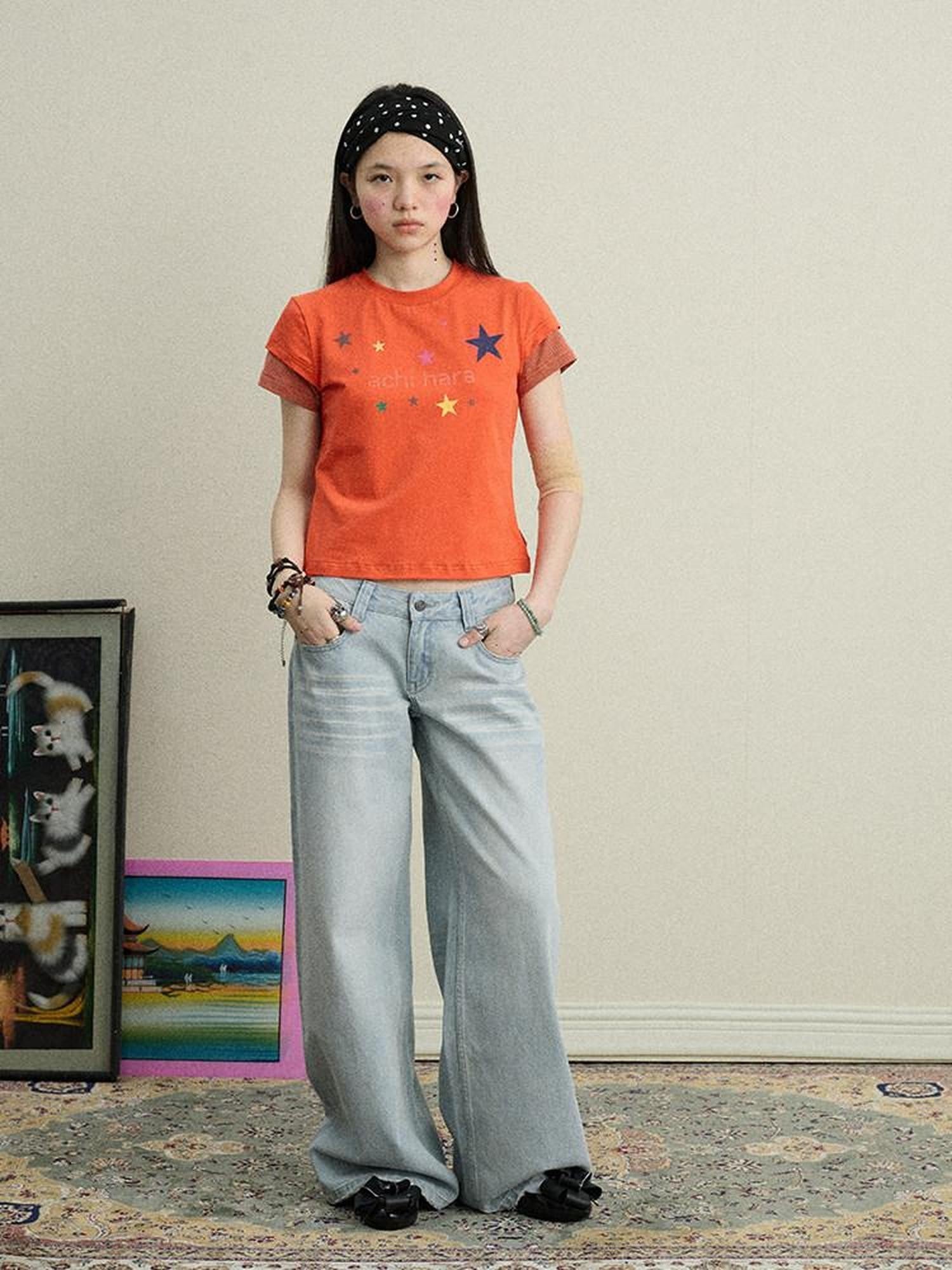 Achihara Light Blue Distressed High Waist Zipper Women'S Denim Wide-Leg Jeans