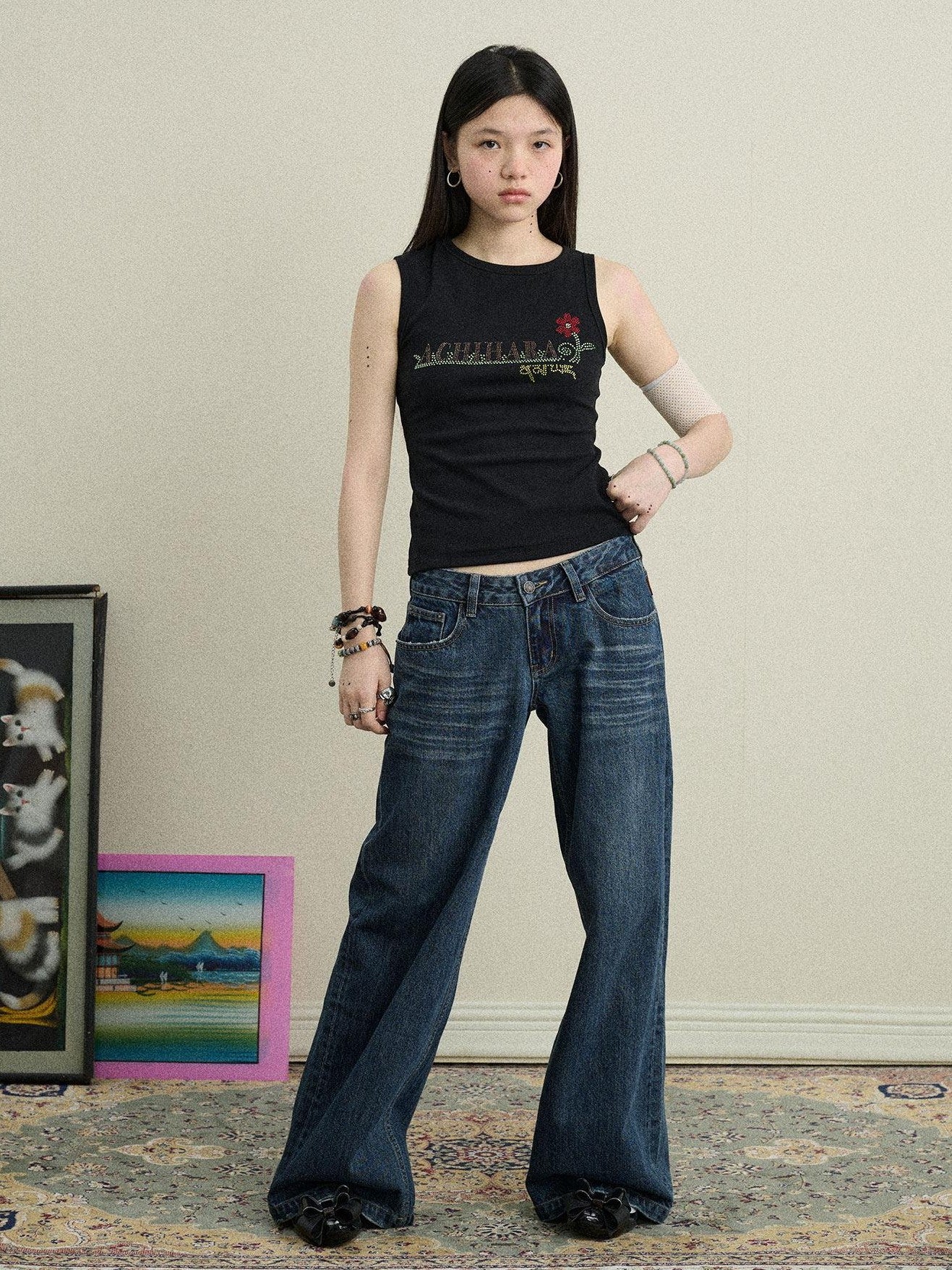 Achihara Light Blue Distressed High Waist Zipper Women'S Denim Wide-Leg Jeans