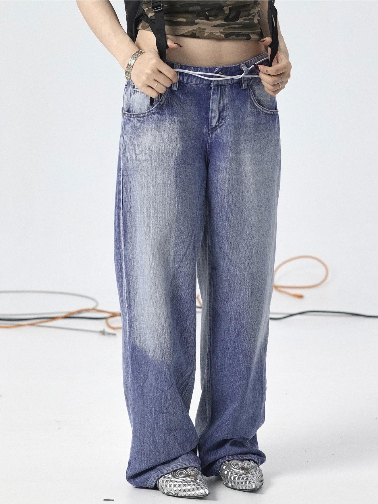 Achihara Light Washed High Waist Floor Length Durable Women'S Denim Wide Leg Jeans