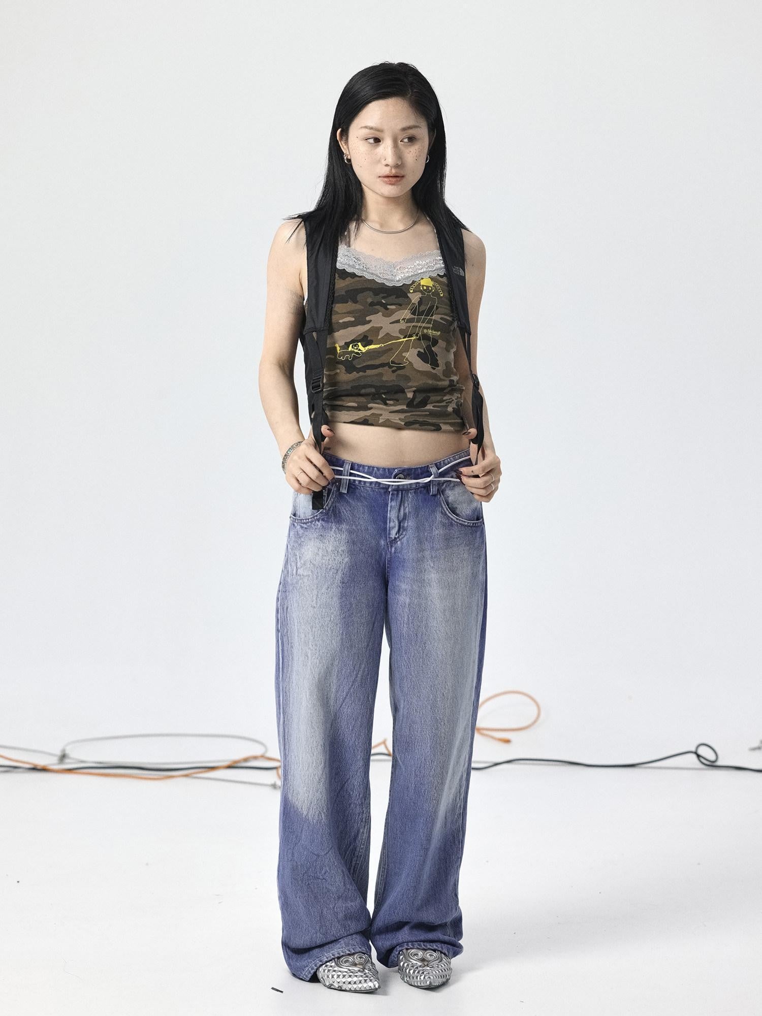 Achihara Light Washed High Waist Floor Length Durable Women'S Denim Wide Leg Jeans