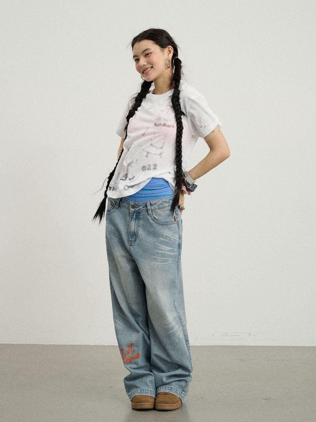 Achihara Loose Distressed Graffiti Print Women'S Cotton Blend Short Sleeve T-Shirts