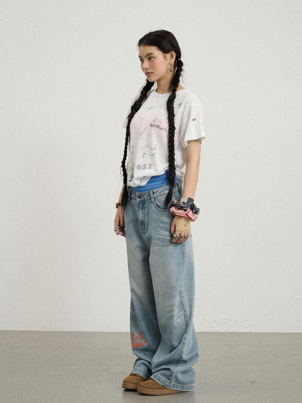 Achihara Loose Distressed Graffiti Print Women'S Cotton Blend Short Sleeve T-Shirts
