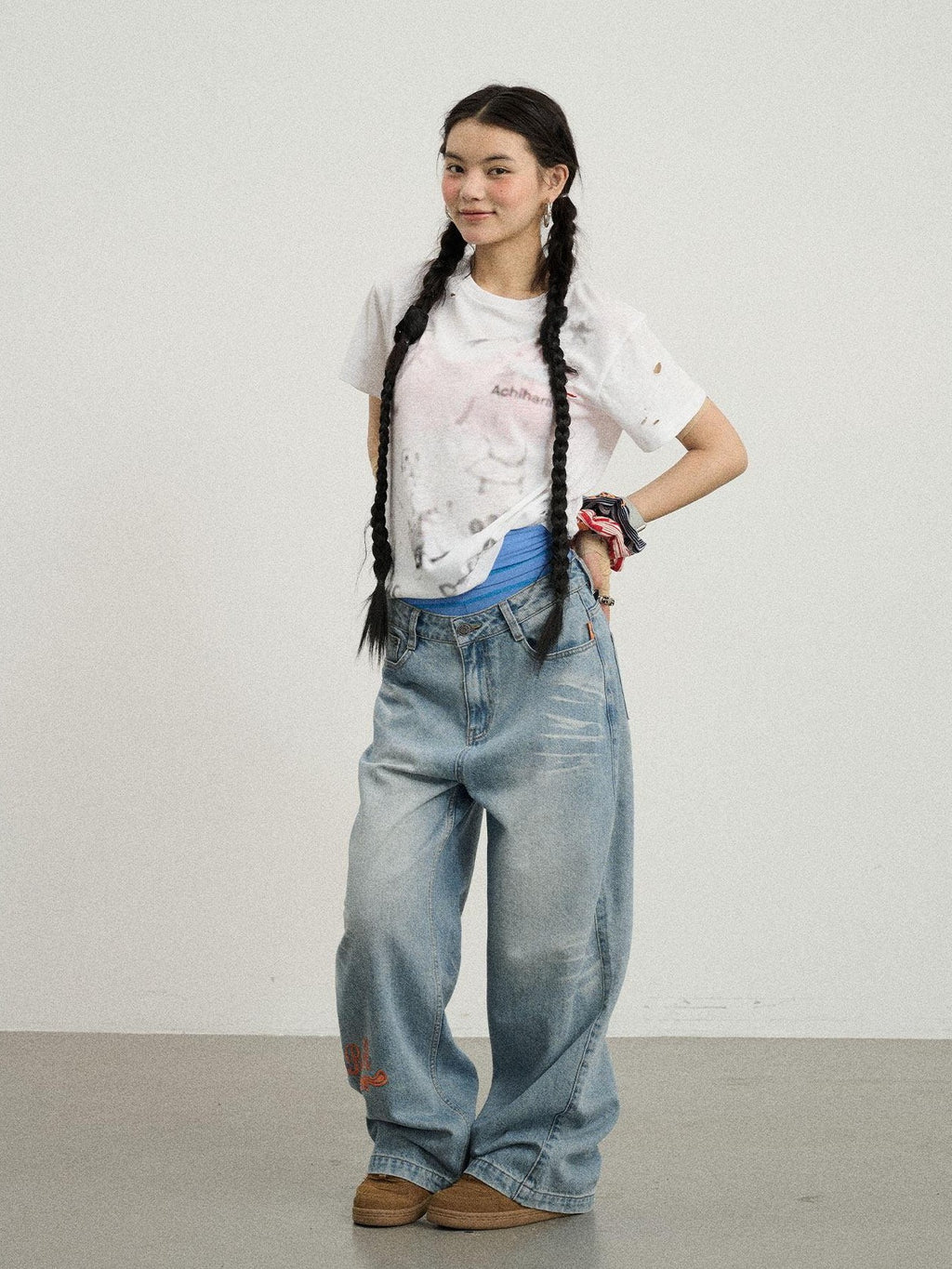Achihara Loose Distressed Graffiti Print Women'S Cotton Blend Short Sleeve T-Shirts