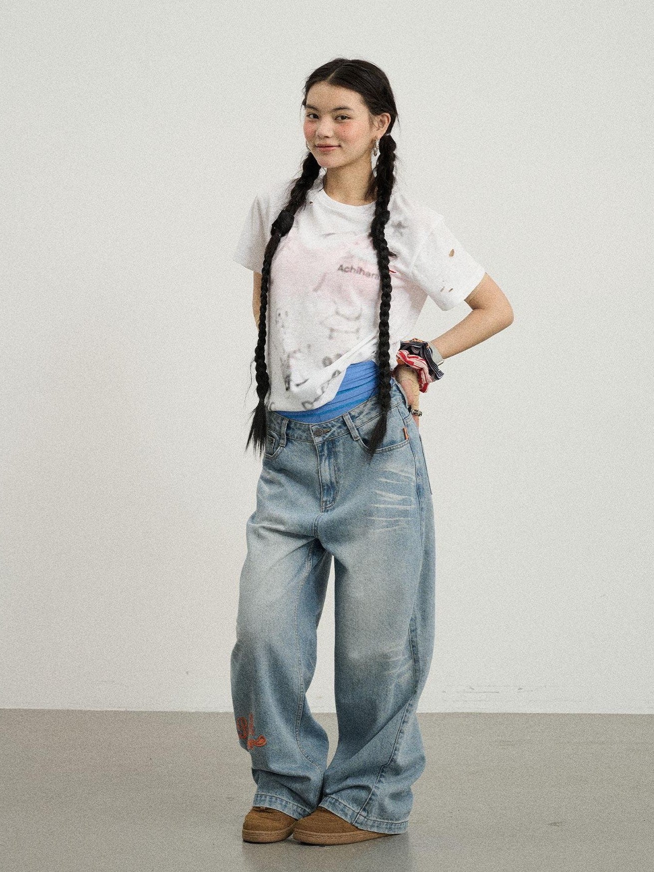 Achihara Loose Distressed Graffiti Print Women'S Cotton Blend Short Sleeve T-Shirts
