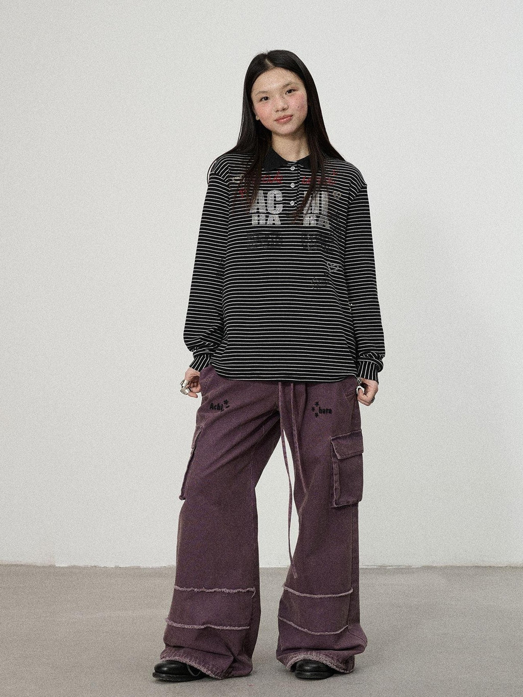 Achihara Loose Fit Striped Polo Women'S Cotton Linen Long Sleeve T-Shirts