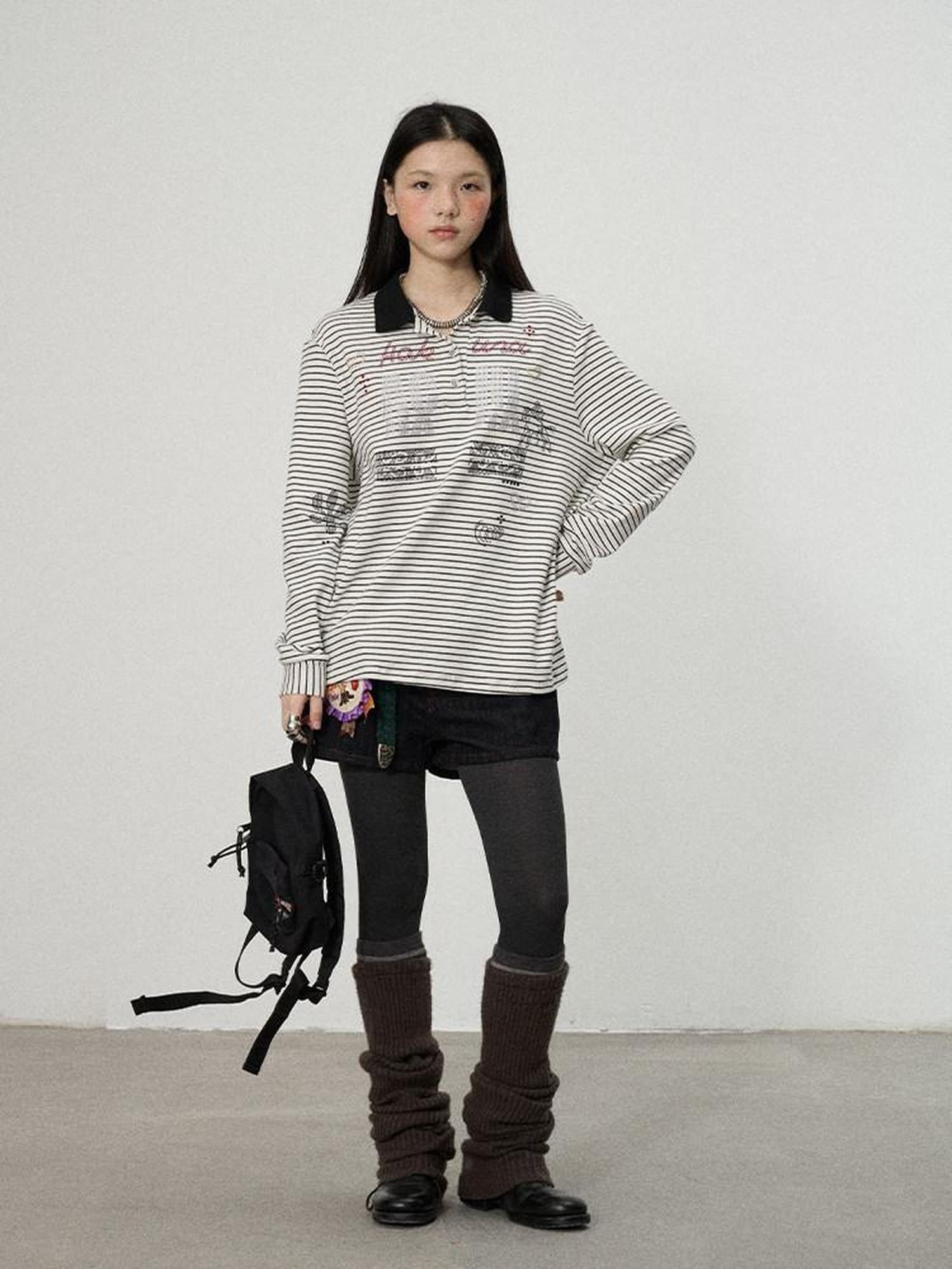 Achihara Loose Fit Striped Polo Women'S Cotton Linen Long Sleeve T-Shirts