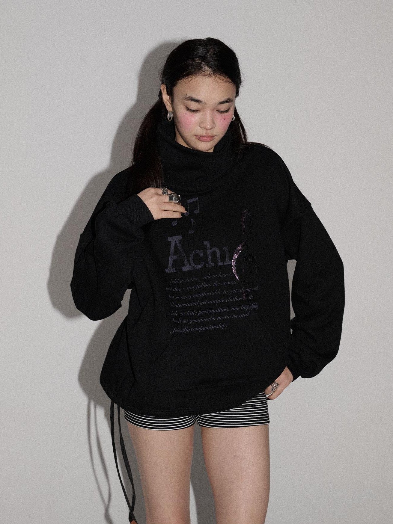 Achihara Music Hedgehog High Neck Letter Print Women'S Cotton Blend Sweatshirts